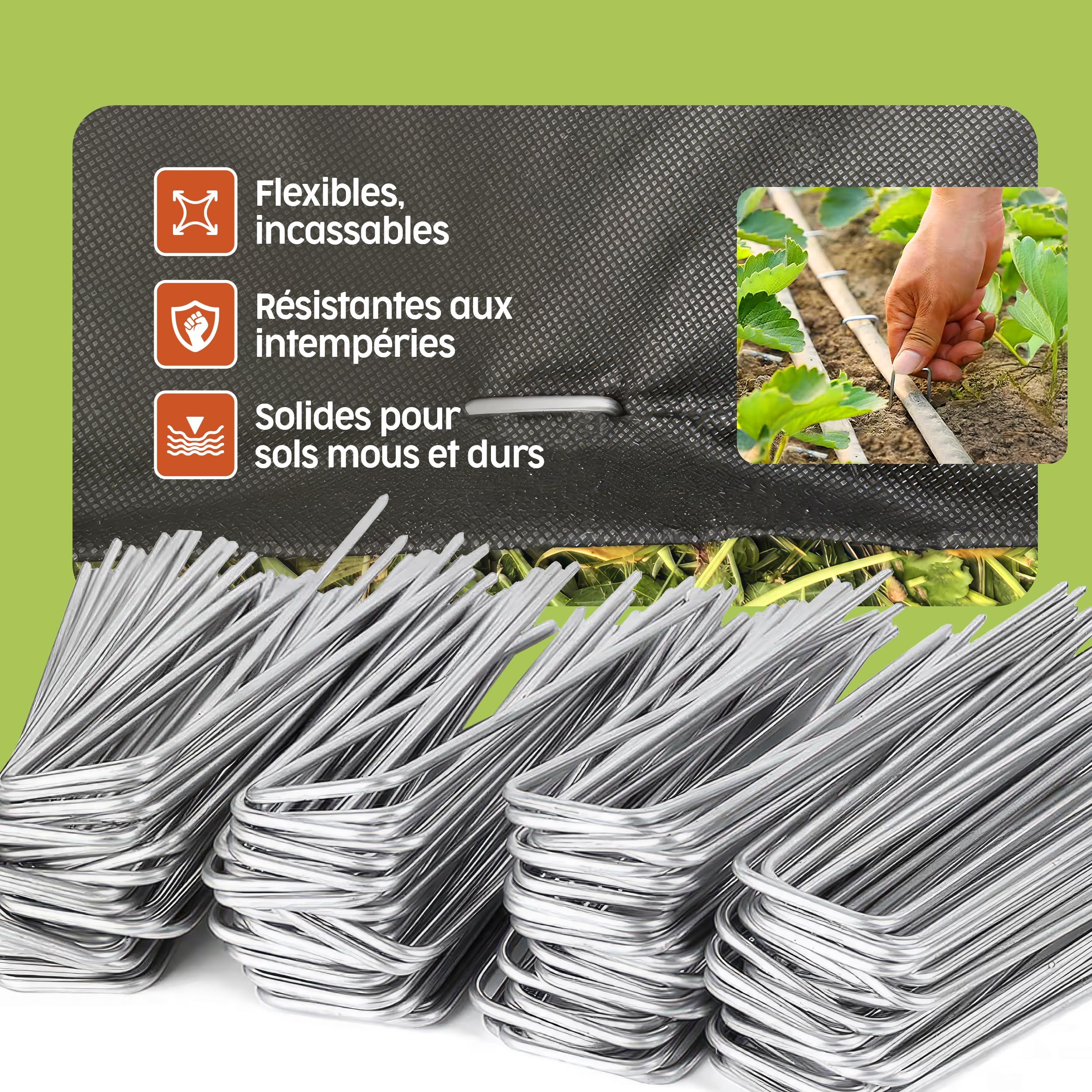 PORTENTUM Agrafes de Jardin 50 pcs + 8 Rondelles – Sardines de Fixation pour Sol Dur, Piquets de Jardin, Piquet Ancrage pour Tomates, Agrafes pour Toile de Paillage et Gazon Synthétique
