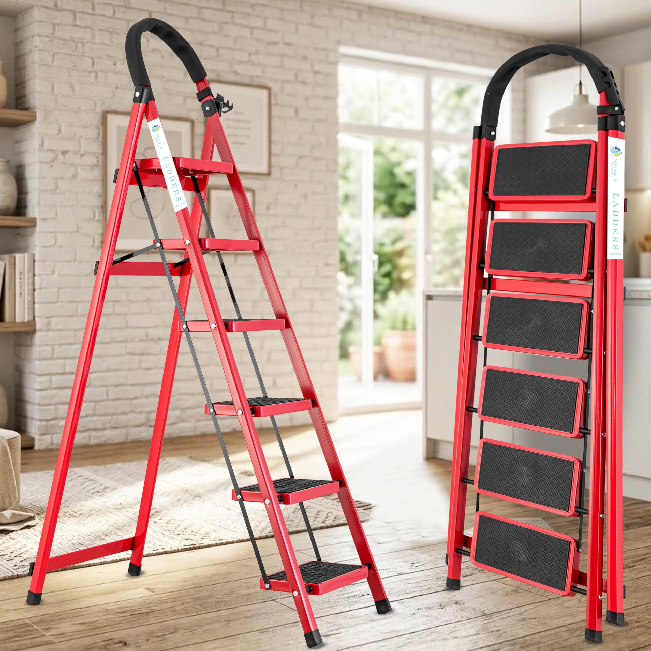 Norman Jr Red 6 Step Ladder for Home Use with Built-in Tool Tray | Heavy Duty D Shape Rods | Ultra Large Platform | Wide Rubber Feet | 150Kg Capacity Foldable Ladder - 7 Years Warranty-image-19