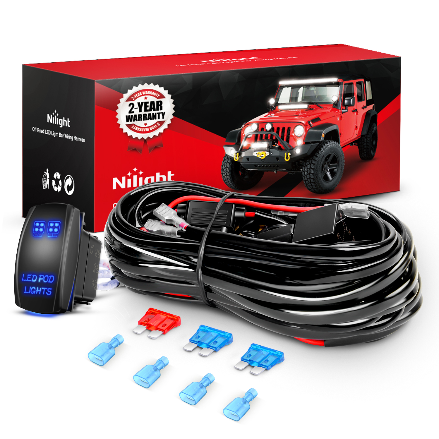 Image of Nilight 16AWG 2Leads Light Bar Wiring Harness Kit 5Pin Switch 12V | 16AWG 2-lead wiring harness kit with 5-pin laser rocker switch, relay & fuse. Perfect for LED pod lights & light bars