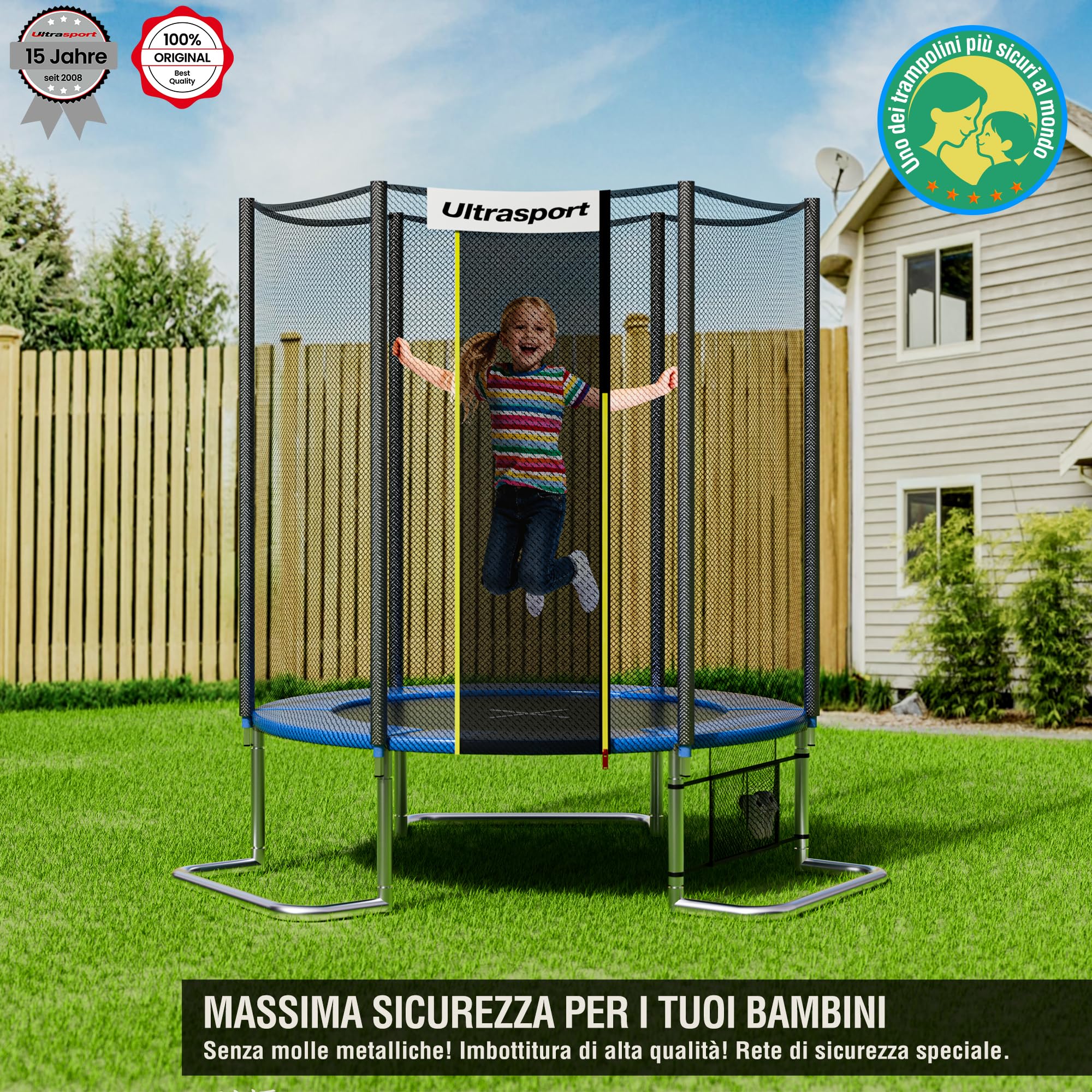 Ultrasport Jumper Trampolino da giardino, set completo trampolino, inclusi tappeto elastico, rete di sicurezza, pali della rete imbottiti e rivestimento dei bordi, Blu, Ø 251 cm