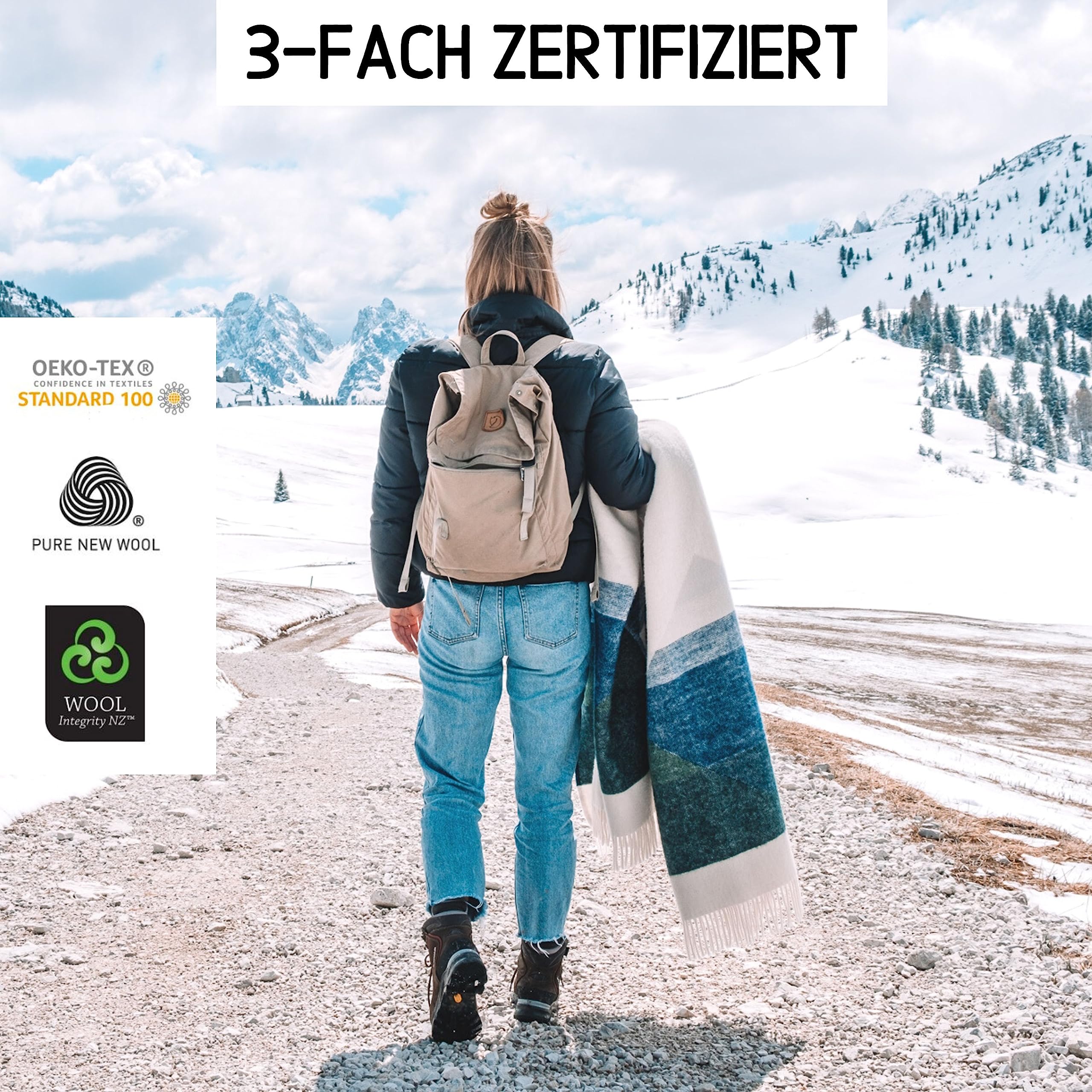 Wolldecke Alaska (135x200 cm) Wolldecke warm aus 100% Schurwolle | Nachhaltige Wolldecke für zuhause & unterwegs | Wolldecke in blau beige weiß | Fair produziert in der EU