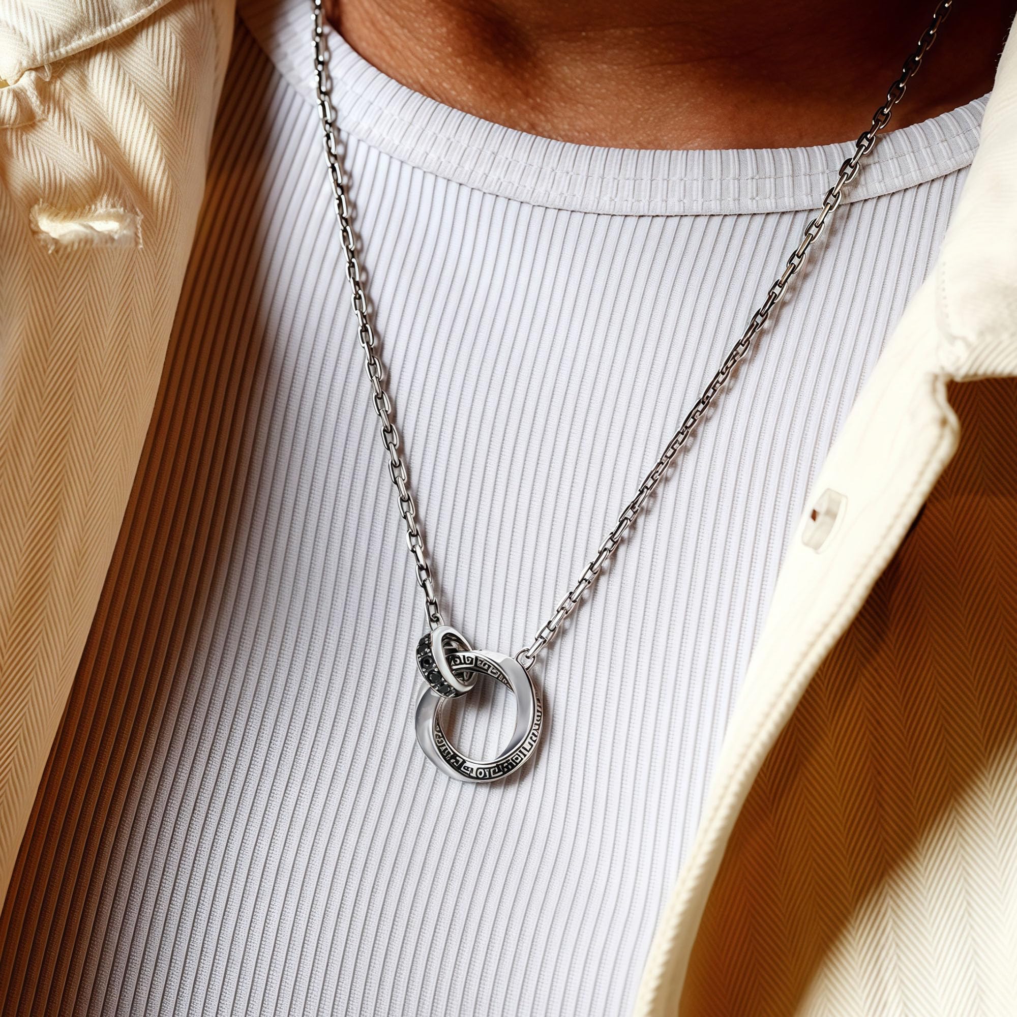 Möbius Strip Men's Necklace, Double Ring Black Onyx Pendant Necklace for Men, Silver Interlocking Circle Mens Necklaces holiday,Jewelry Gift for Him Boyfriend Husband (22+2Inchs)