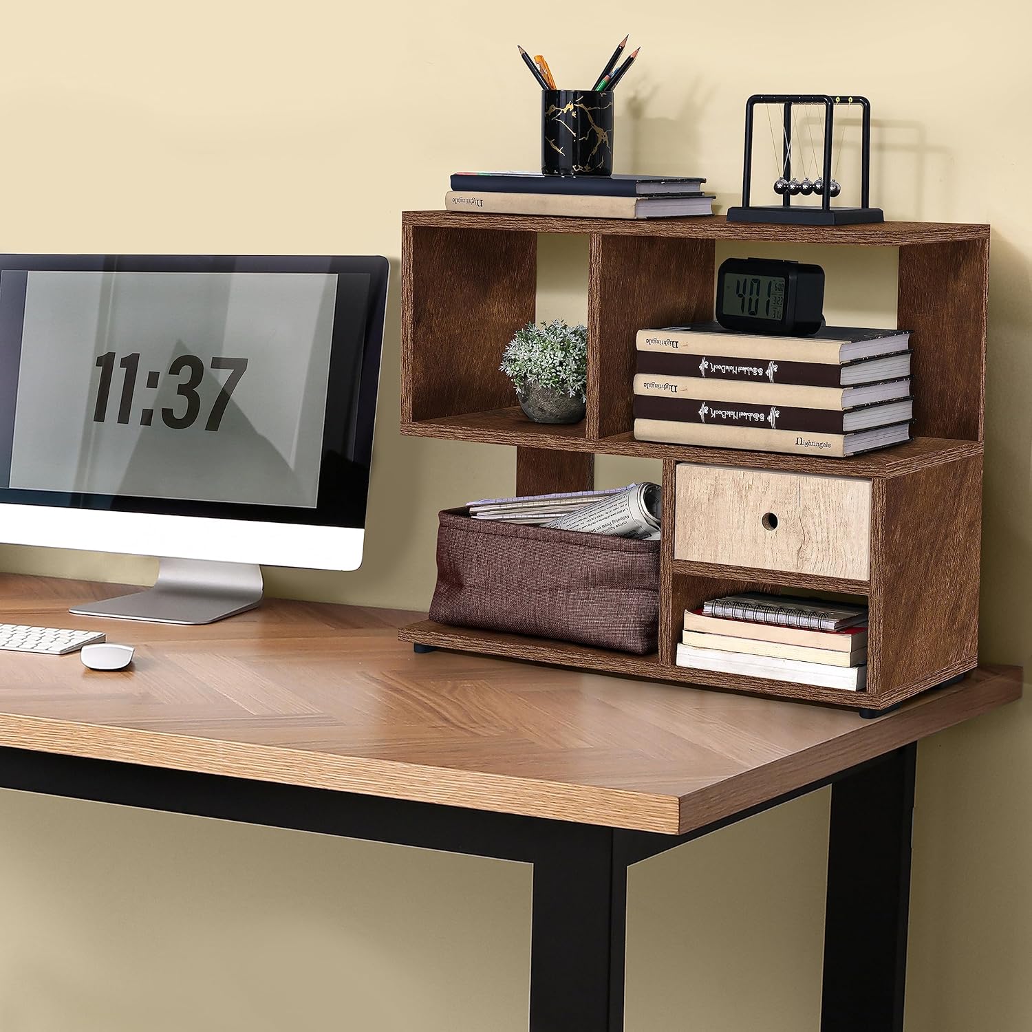 ABOUT SPACE Table Top Bookshelf Countertop Bookcase with Drawer, Engineered Wood SShaped