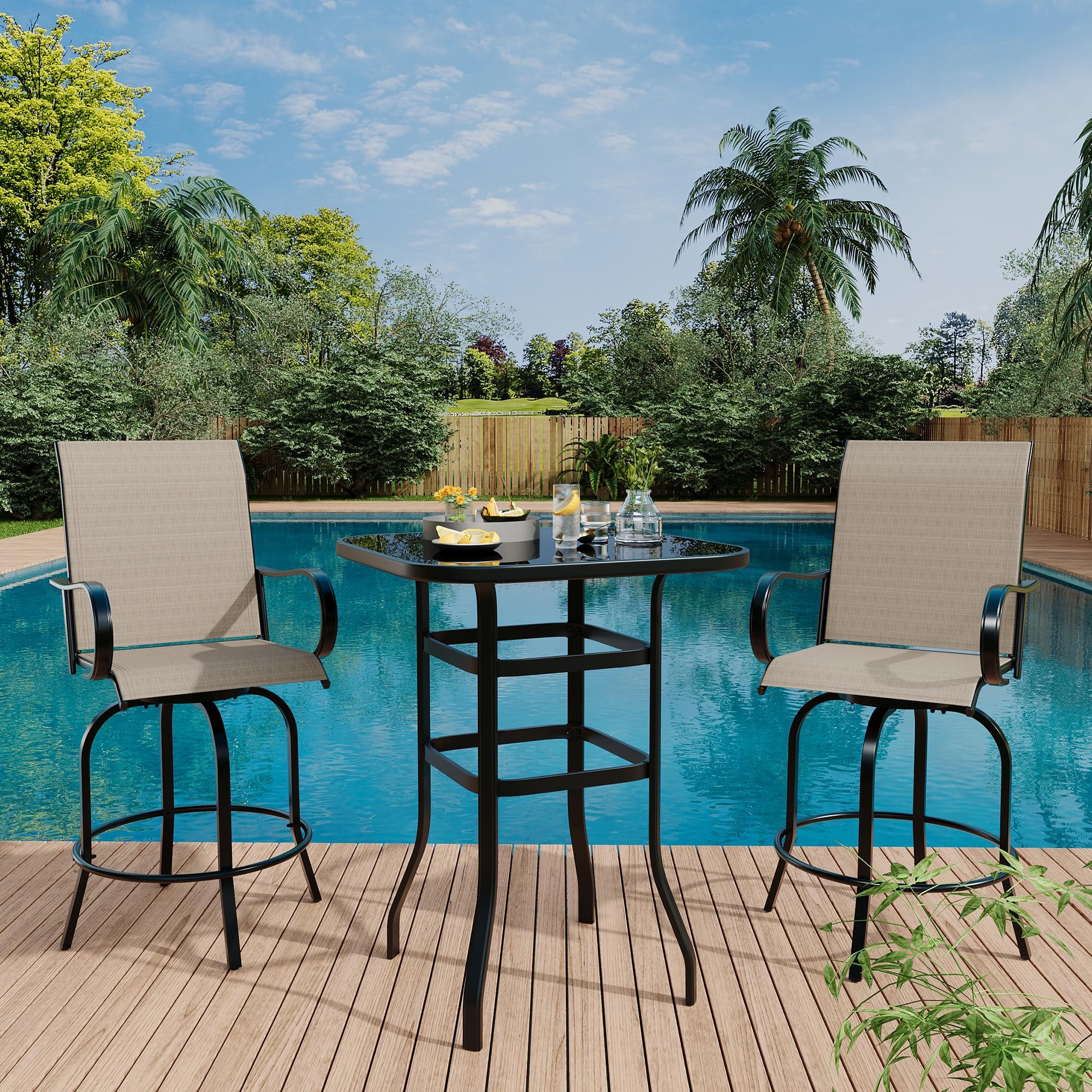 Garvee Ensemble De Bar De Jardin, Table Haute Carrée en Verre Trempé, Tabourets Pivotants, Mobilier Extérieur Résistant Intempéries, Idéal pour Terrasse, Balcon, Jardin, Piscine