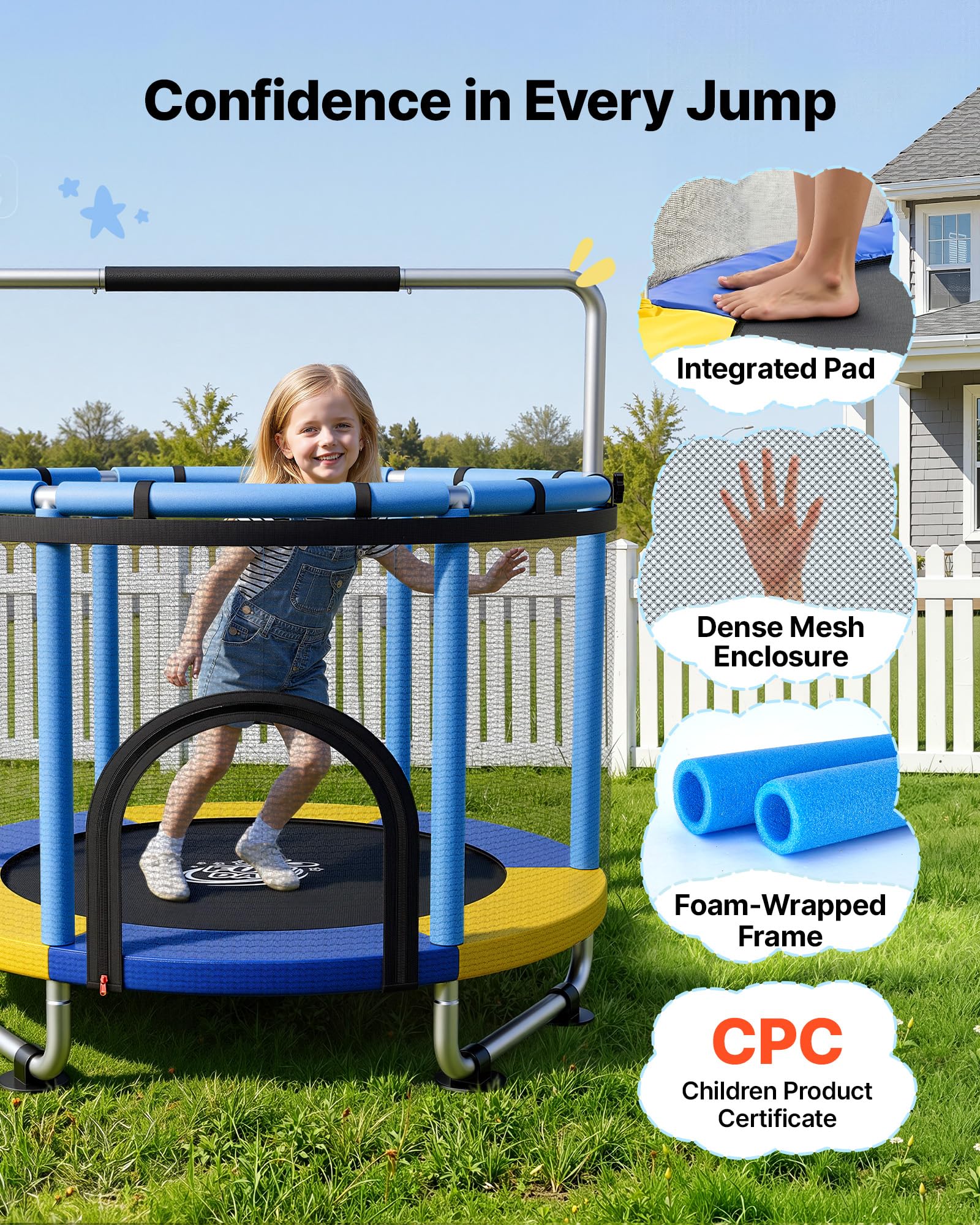 VEVOR Trampolino Elastico per Bambini Carico 60kg con Rete di Protezione, Mini Trampolino Tappeto Elastico Integrato in PVC per Rimbalzo Manubrio a 3 Livelli Rete di Protezione per Bambini 3-12 Anni