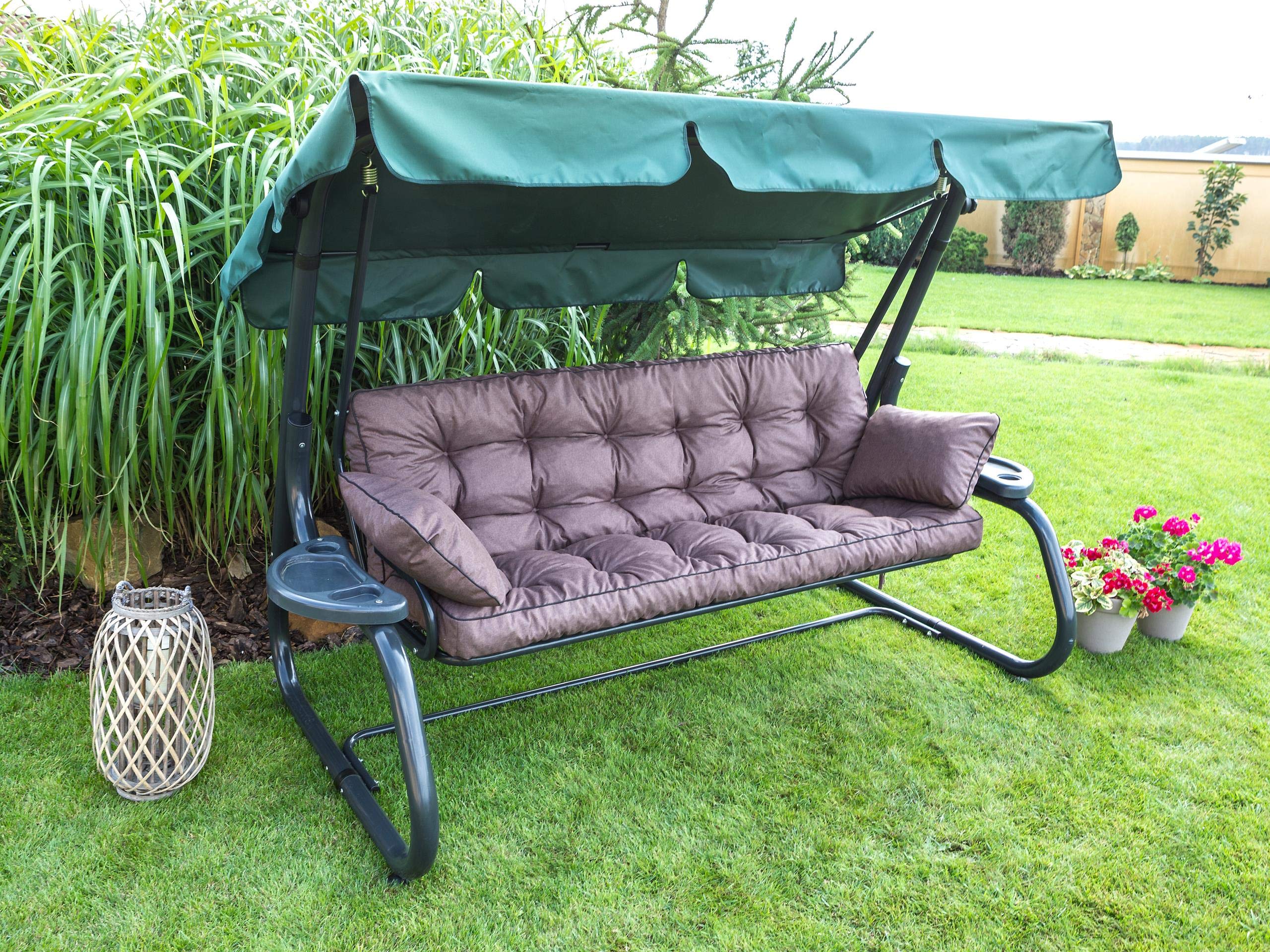 Cuscino per Panchina, Cuscino per panche da giardino a dondolo, Cuscino per panca altalena Hollywood - Cuscini Impermeabili con Cinghie di Fissaggio , incl. 2 cuscini laterali - 150 cm - marrone scuro