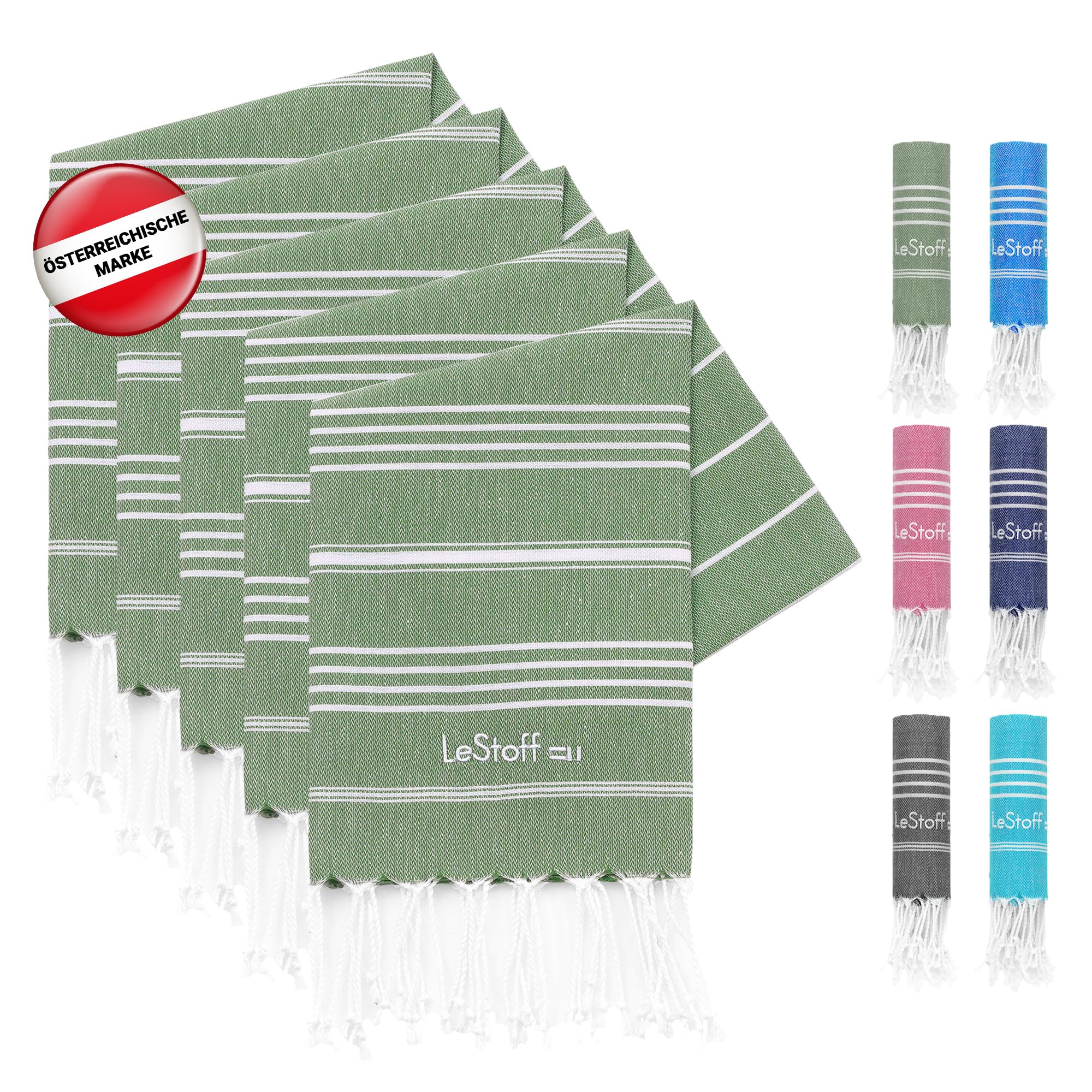 LeStoff 5er-Set Hamamtuch 50 x 100 cm – 100% Bio-Baumwolle, Vorgewaschen, Nachhaltig, Leicht, Kompakt, Saugstark & Schnelltrocknend - Handtuchset für Bad, Gäste, Gesicht, Sport, Reise, Camping (Olive)