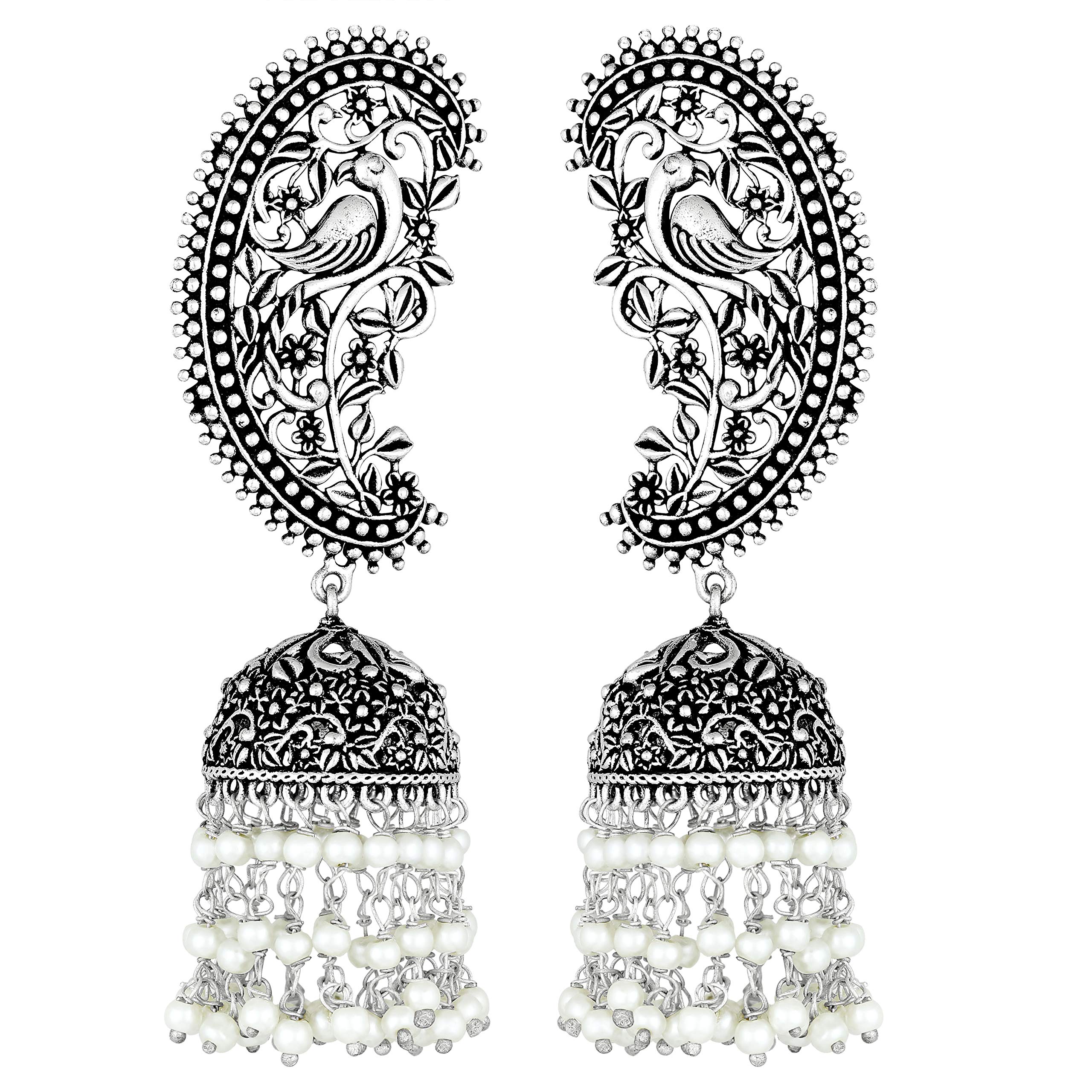 AheliVintage Inspired Indian Boho Oxidized Intricate Crafted Peacock Design Jhumki Dangle Earrings Ethnic Fashion Jewelry for Women