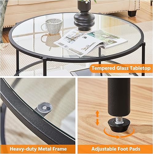 Miniatura 7 de Yaheetech Mesa de centro redonda de vidrio de 2 niveles para sala de estar con estante de almacenamiento, mesa central de vidrio moderna de 36