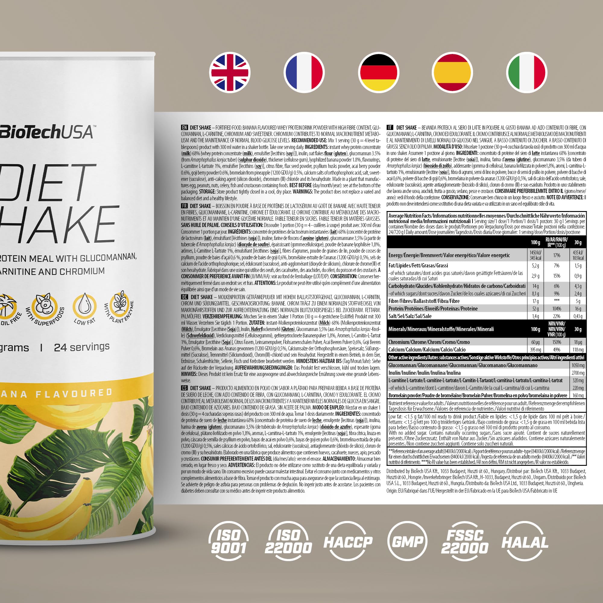 BioTechUSA Diet Shake | hyperprotéiné, pauvre en graisse | avec super-aliments, chrome, glucomannane, L-carnitine | faible taux de sucre, sans huile de palme, 0,72 kg, banane_