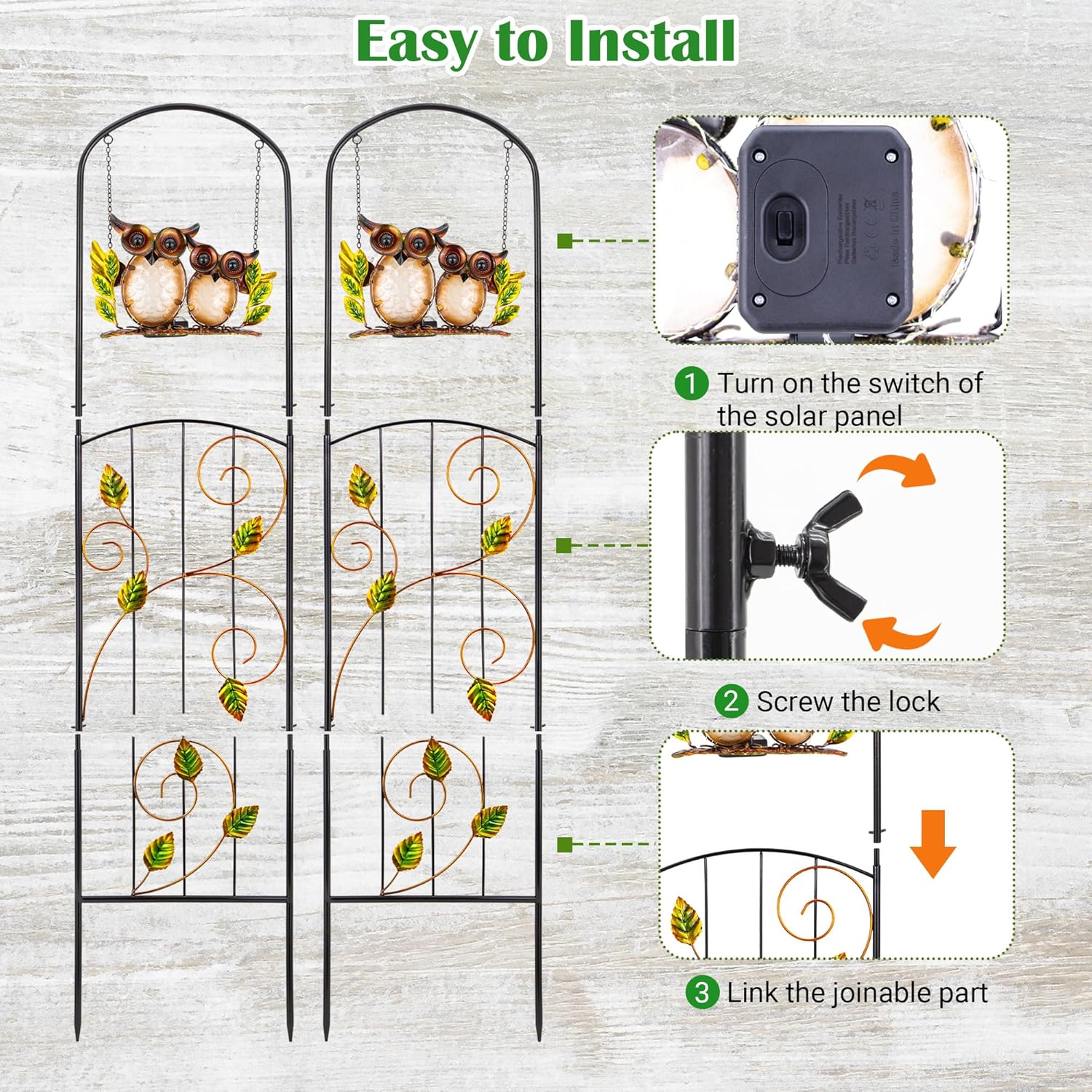 Solar-Powered Iron Plant Trellis with Lights,Voumsil Outdoor Garden Climbing Plant Support, Weatherproof Metal Stake for Vine Roses, Decorative Solar Lighting for Patio, Yard (Metallic Color 2 PCS)