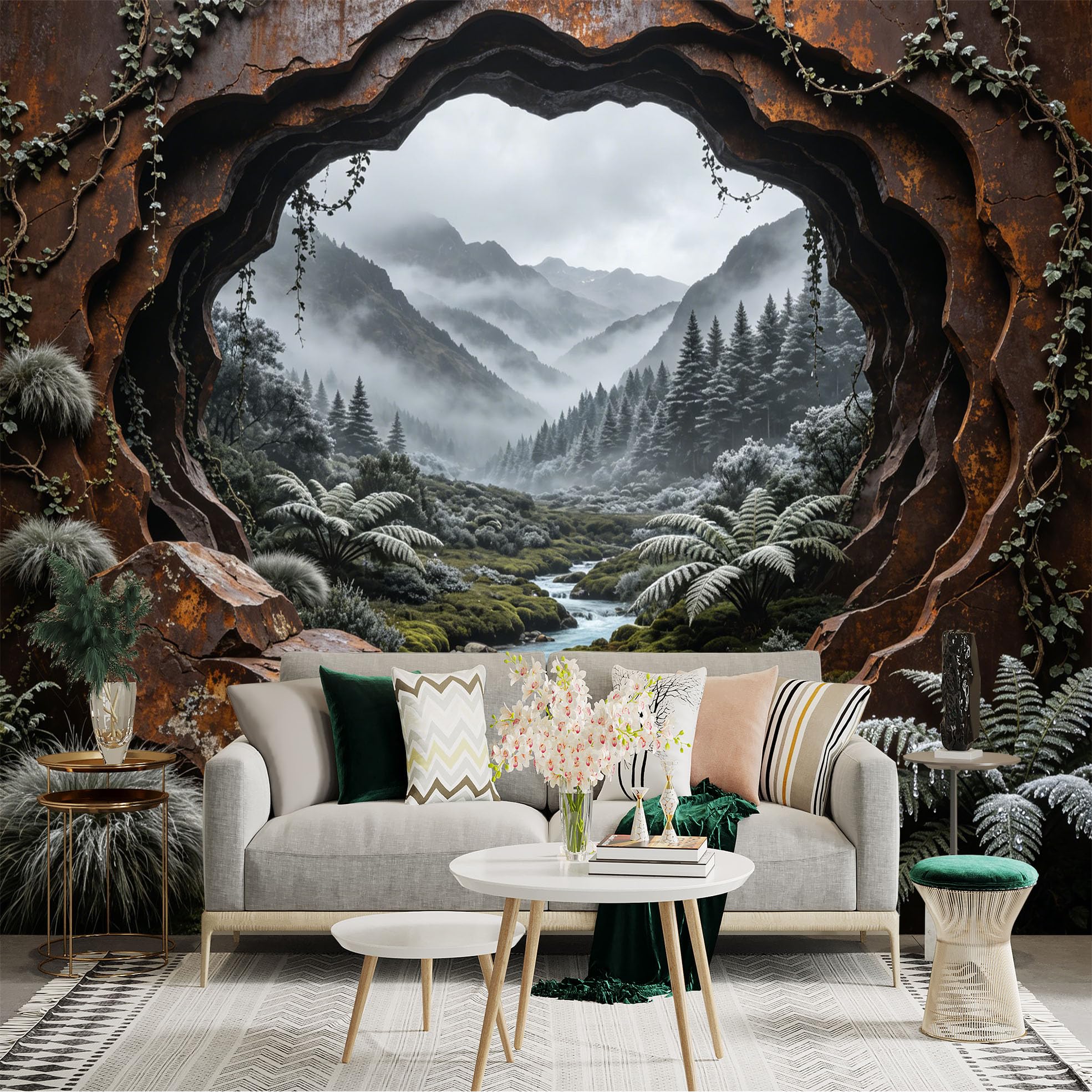 Custom Size Wall Sticker Mural， Misty Mountain Valley with River， Ferns and Rusted Arch View， for wall Decoration， peelandstick wall Decals.