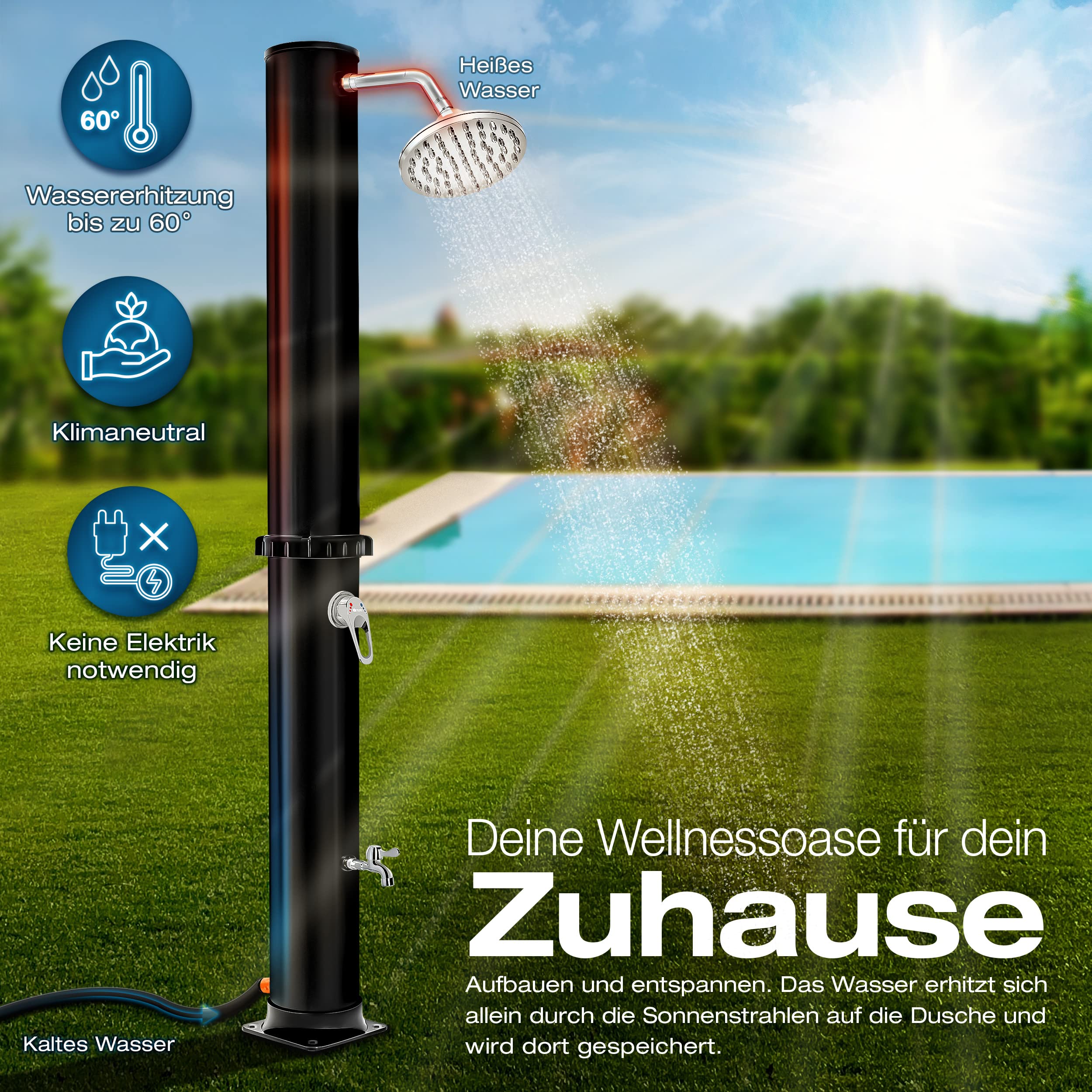 tillvex Solardusche 20 Liter | Solar Garten-dusche warmes Wasser | Pooldusche Camping | ohne Stromanschluss | mit Wasserhahn und Regenduschkopf | Gartenschlauch-Anschluss (Schwarz)
