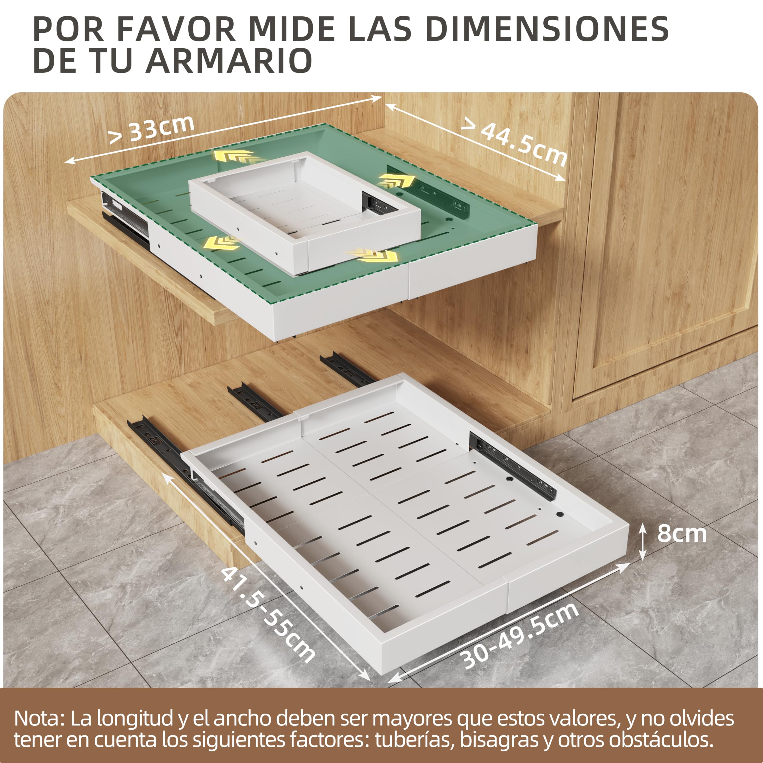 NETEL Pack de 2 cajones extraibles telescópicos para cocina，Expansión en 4 direcciones，Bandeja extraible armario cocina，Ancho ajustable 30-49.5 cm, Fondo 41.5-55 cm，sin perforaciones，Blanco