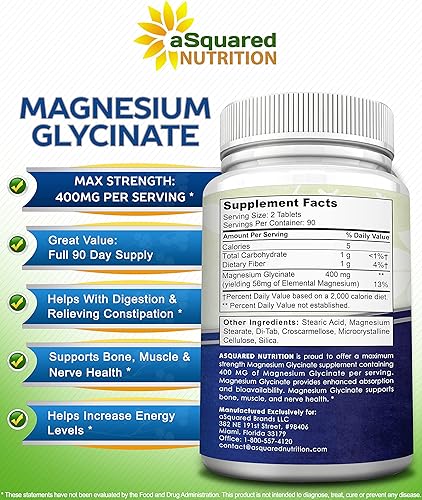 Miniatura 6 de aSquared Nutrition Glicinato de magnesio 400 mg – 180 tabletas – Suplemento de bisglicinato de magnesio de máxima fuerza – Máxima biodisponibilidad
