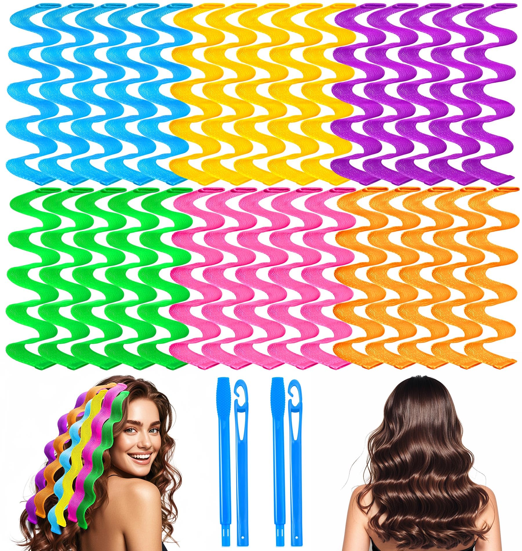 Heatless Hair Curler, 42 PCS No Heat Damage Heatless Curlers with 2 PCS Styling Hooks, for Women Girls Long Medium Short Hair ( 4 Colors, 45cm/17.7" )