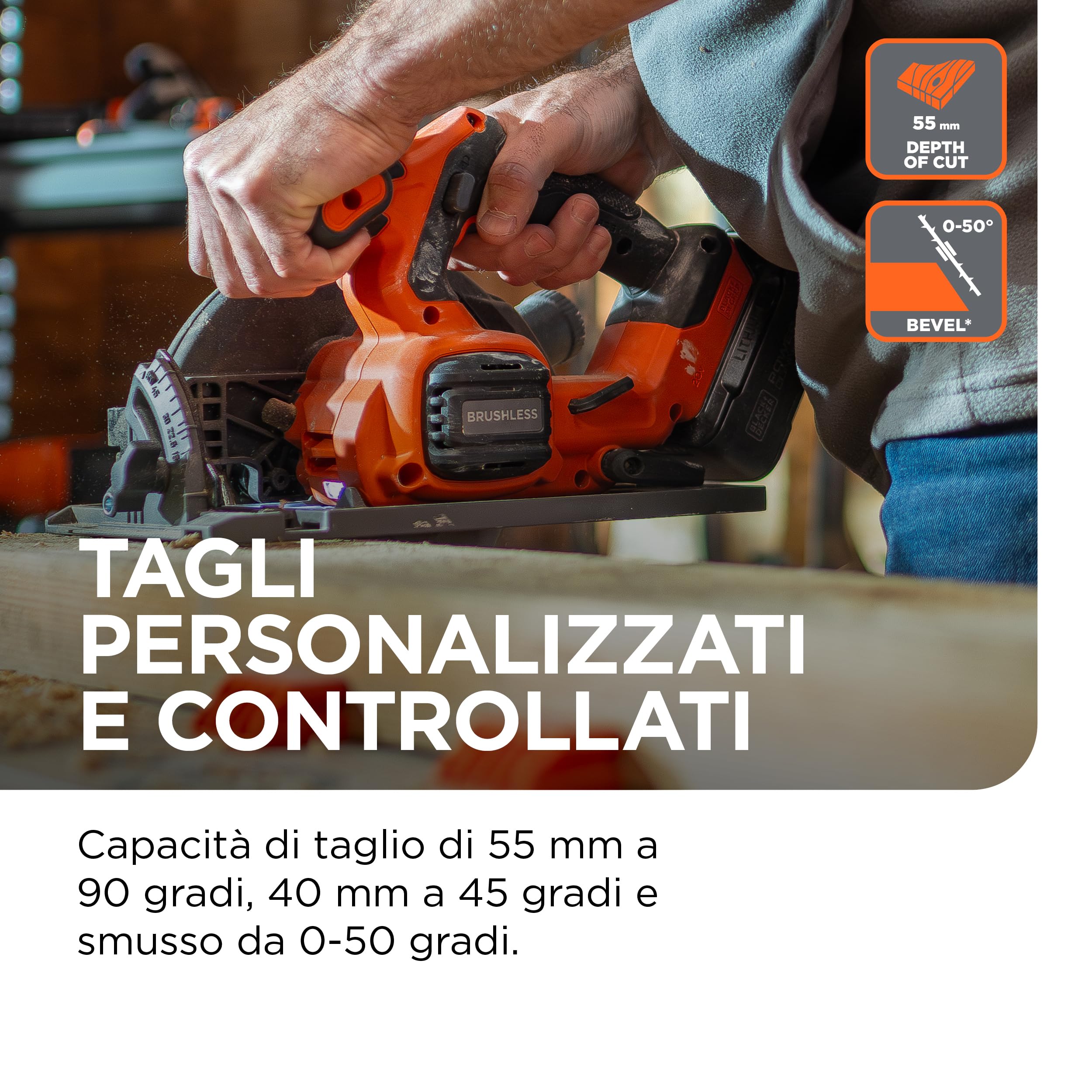 BLACK+DECKER Sega circolare a batteria senza spazzole, solo utensile - senza batteria, sega circolare elettrica con lama da 165 mm, binario di guida e guida parallela, BLCCS78NAZ-XJ