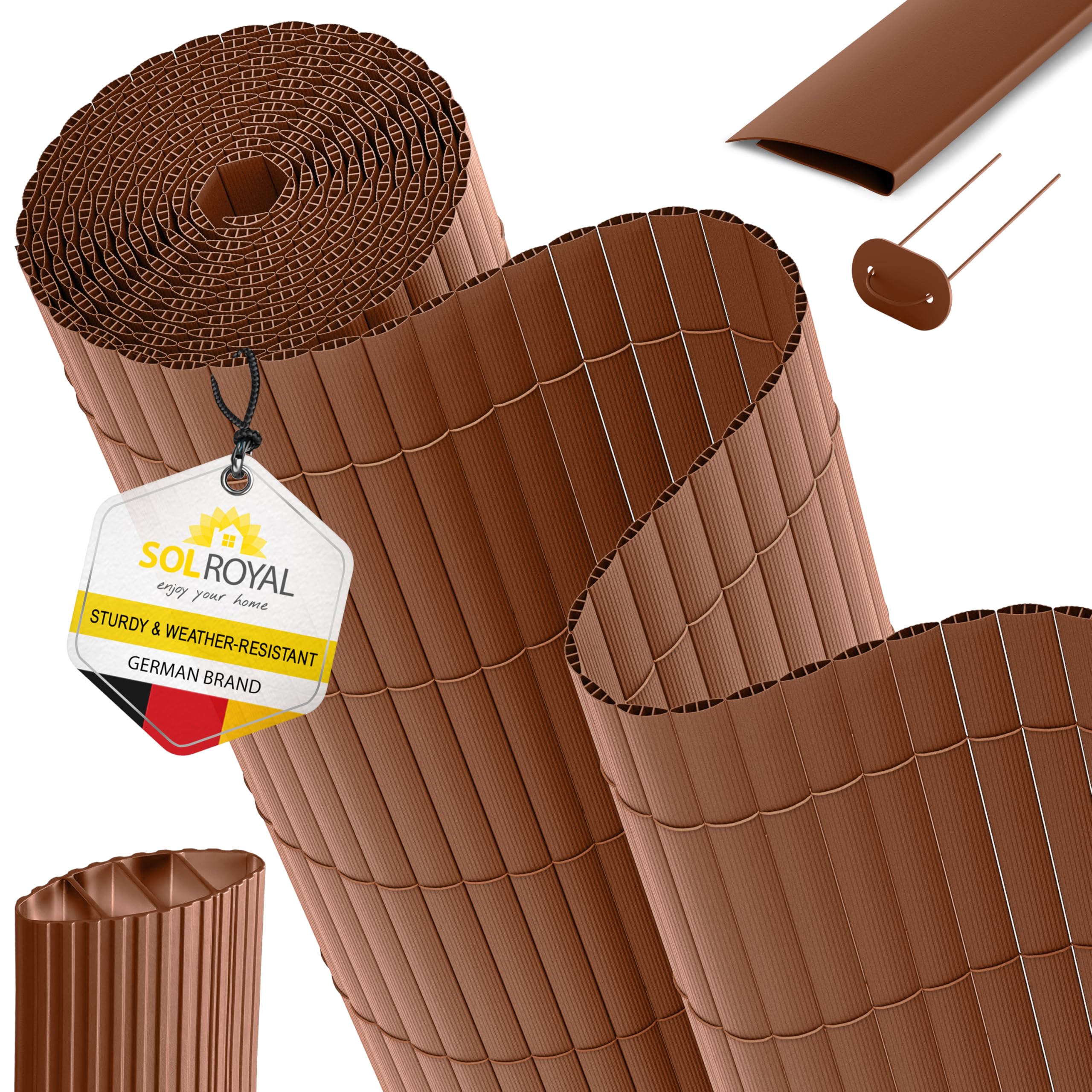 Sol Royal PVC Garden Screening 90x500 cm – Triple Reinforced Balcony Privacy Screen incl. Clips & Cover Strip – Outdoor Privacy Screen Weatherproof UV-Resistant – Garden Fence Screening Brown