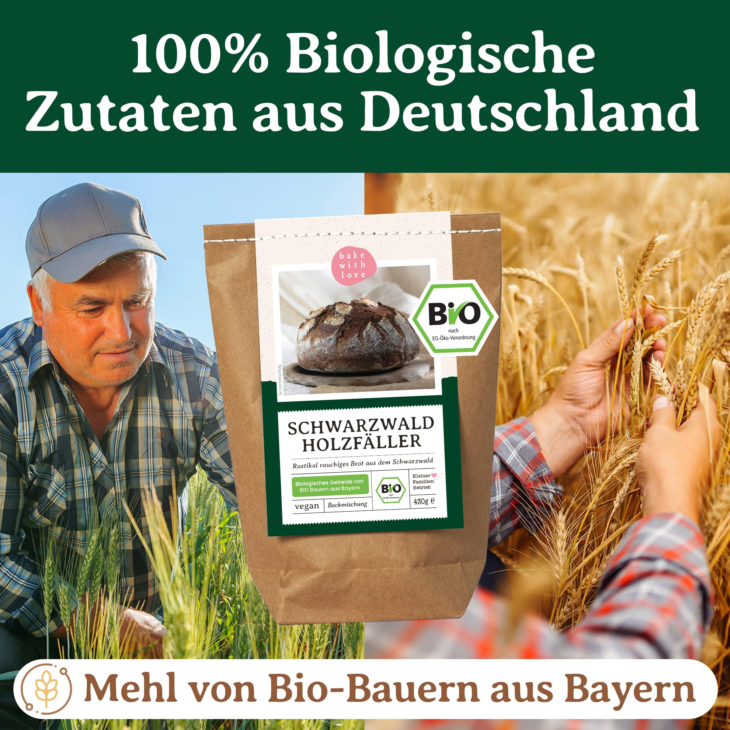 Bio Brotbackmischung Schwarzwald Holzfällerbrot - mit Dinkel, Roggen & Ruchmehl- rustikales Brot mit Holzofen-Aroma - für Brotbackautomat & Ofen - Bake with Love - 10er Pack