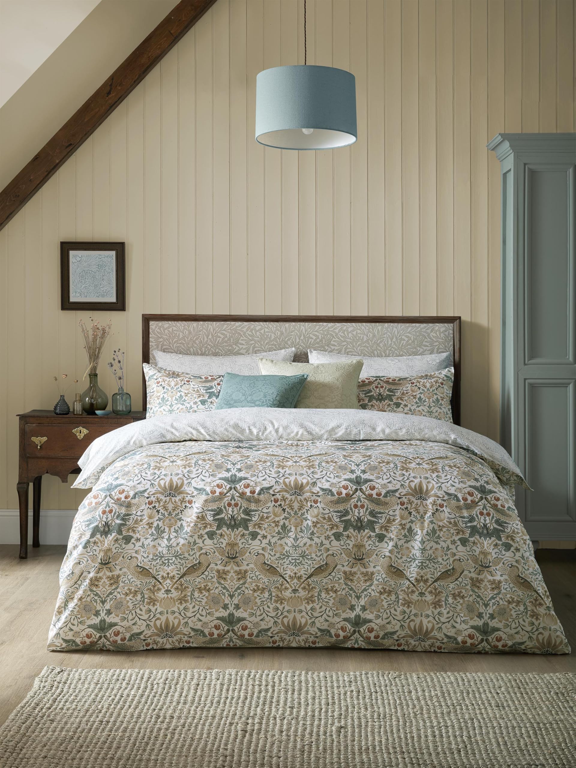 William Morris At Home Blue Strawberry Thief Duvet Set - Hessian - Super King
