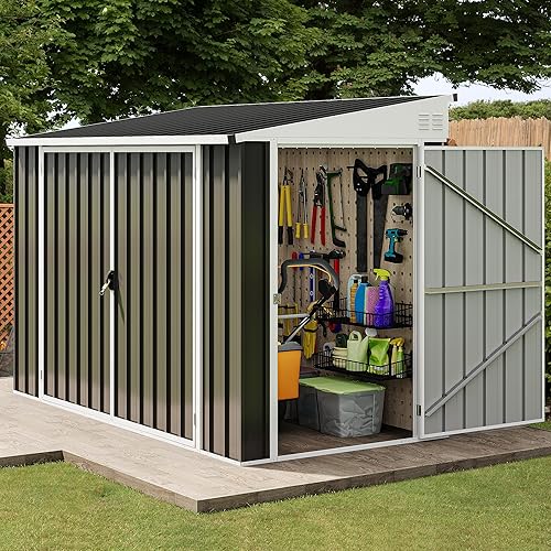 DWVO Outdoor Storage Shed, Waterproof Metal Garden Shed with Lockable Door, Storage Shed for Bike, Garbage Can, Lawnmower, Tool (4 x 8 FT)