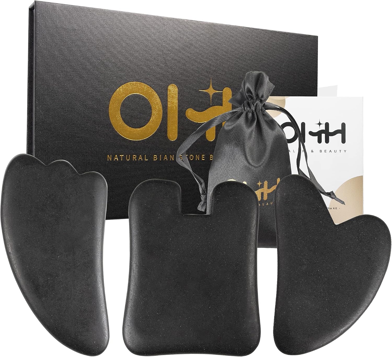 OHH Gua Sha Facial Tools Set, Natural Sibin Bian Stone Gua Sha Scraping Tool, Gua Sha Massage Tool for Face Body Massage, Facial Skincare, Acupuncture Therapy, Pack of 3 (Black)