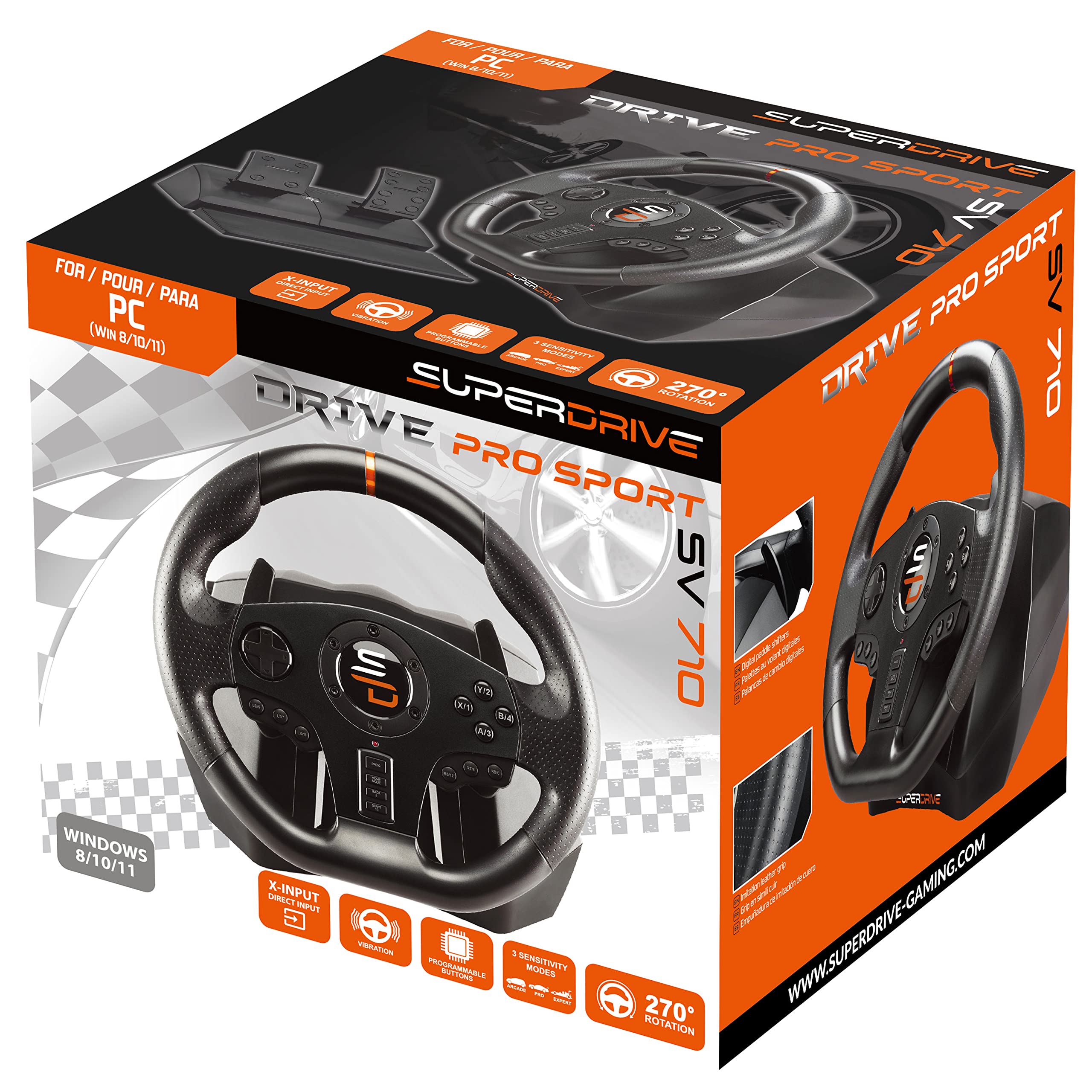 SUBSONIC Superdrive SV710 kierownica wyścigowa z pedałami nożnymi, łopatkami zmiany biegów i wibracjami – kompatybilna z komputerem PC (programowalna do wszystkich gier)