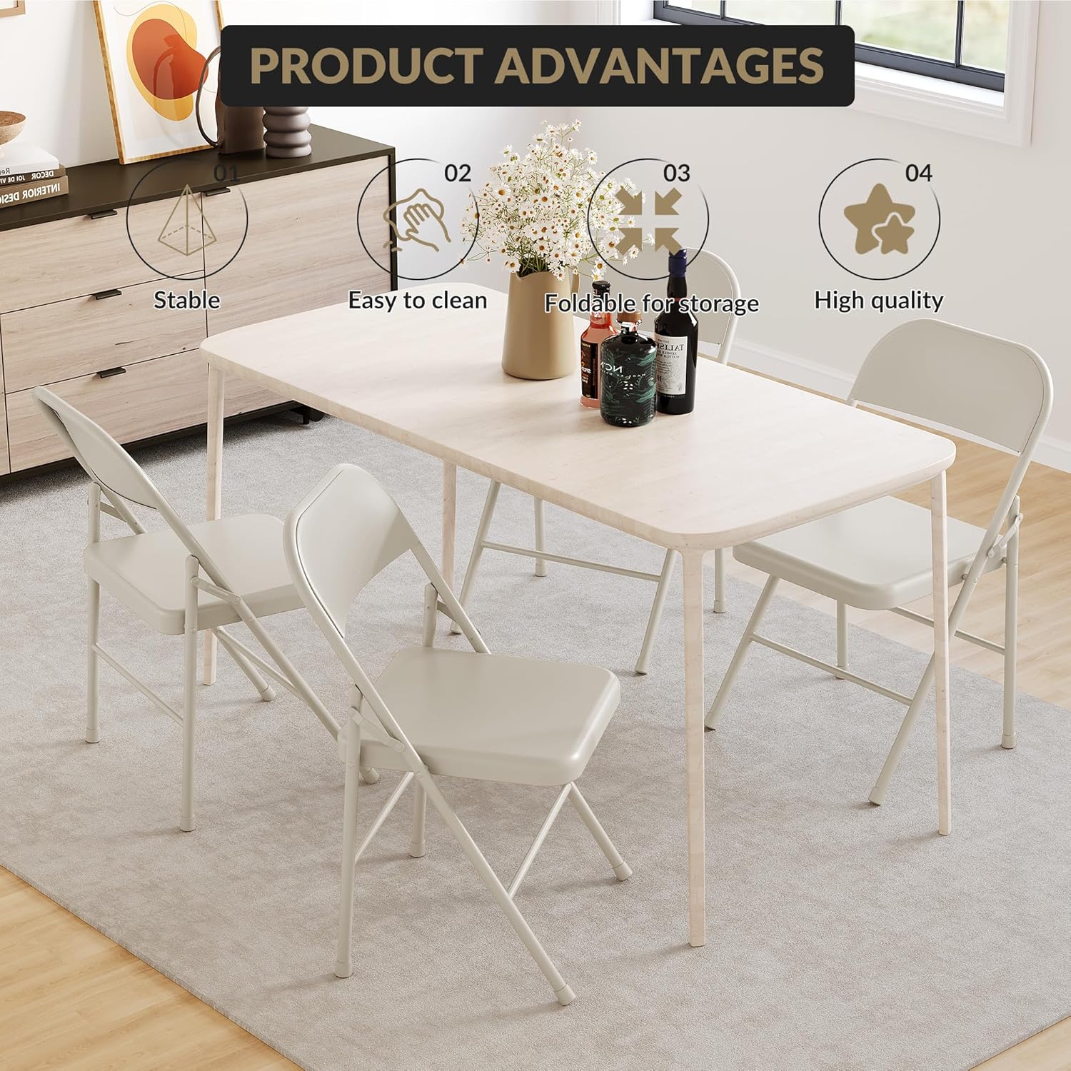 Metal Folding Chairs with Back, Metal Chairs with Durable Steel Frame, Indoor Outdoor Portable Stackable Seat, for Home Office 350lb. Capacity, Set of 2