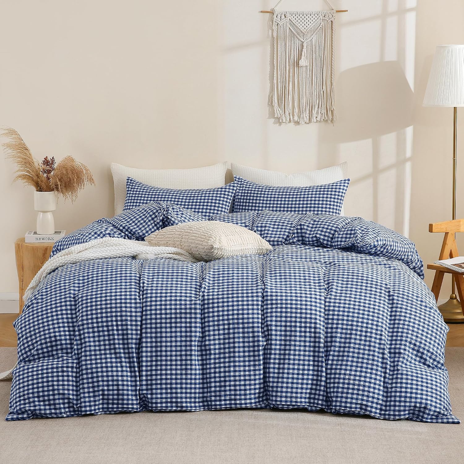 TOCOMOA Navy Blue Gingham Duvet Cover Set Washed Cotton Like Linen, Queen image 3