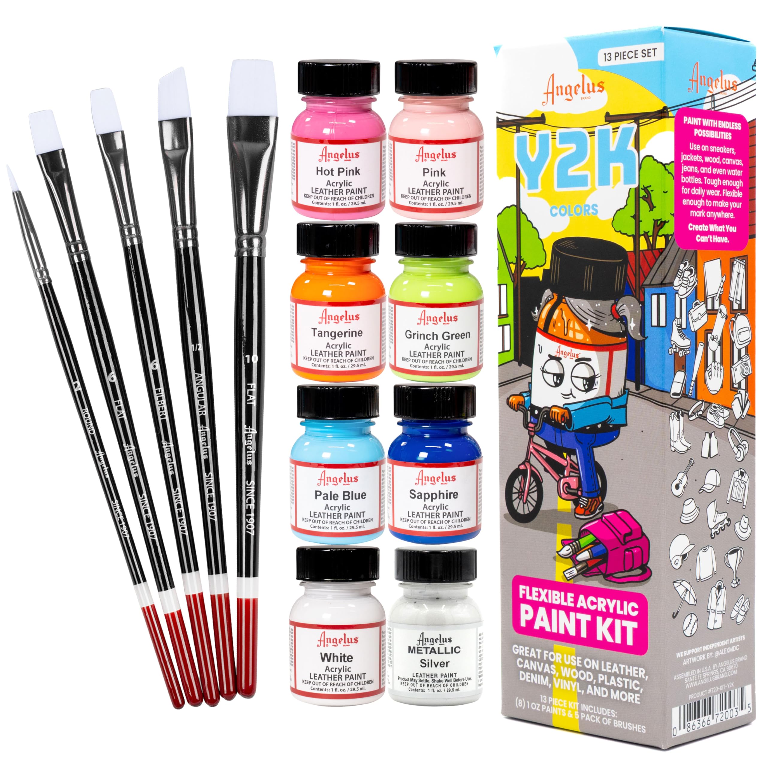 Angelus Kit di pittura per pelle, set da 13 pezzi con 8 colori acrilici flessibili (28,3 g ciascuno) e set di pennelli da 5 pezzi, personalizza scarpe da ginnastica, pelle, tela, legno, denim, vinile