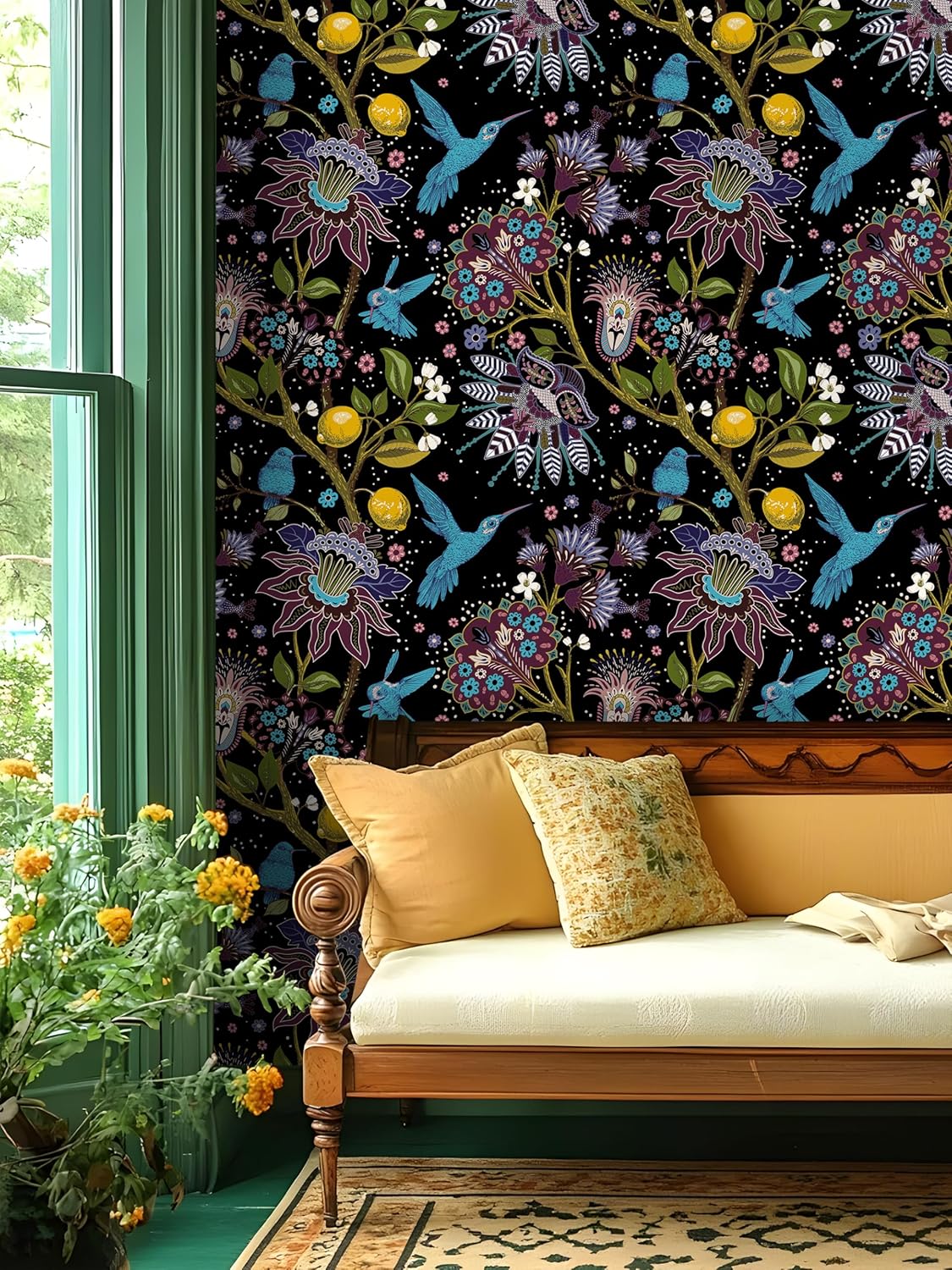 Peel and Stick Wallpaper Black Floral Wallpaper Removable Boho Birds Wallpapers for Bedroom Renter Friendly Self Adhesive Contact Paper for Shelf Cabinet 17.5 x 118 in