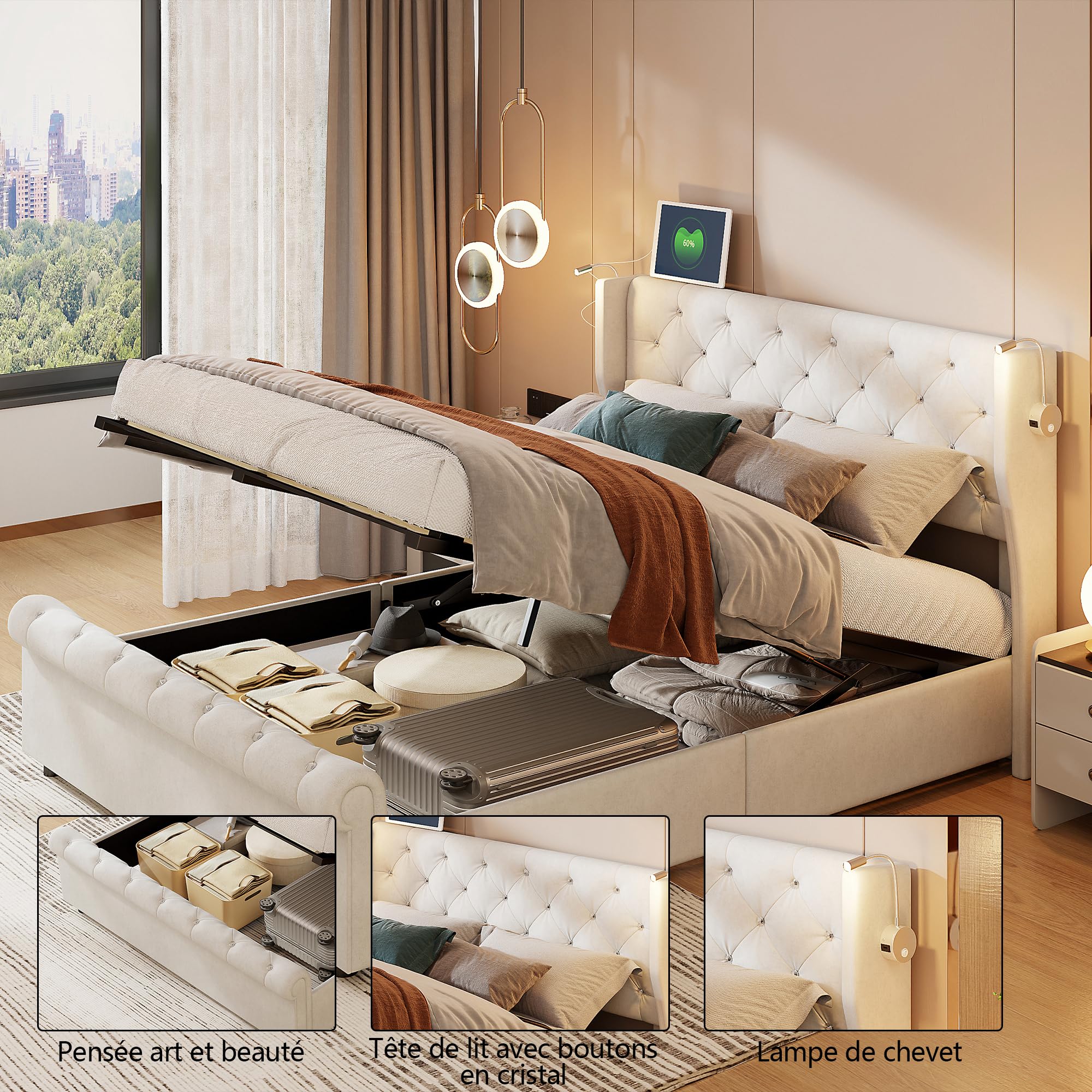 Cama de 160 x 200 cm con somier, cama tapizada con USB y 2 lámparas de lectura de cama acolchada con almacenamiento y somier de láminas, camas para adultos con lámpara de noche ajustable, terciopelo