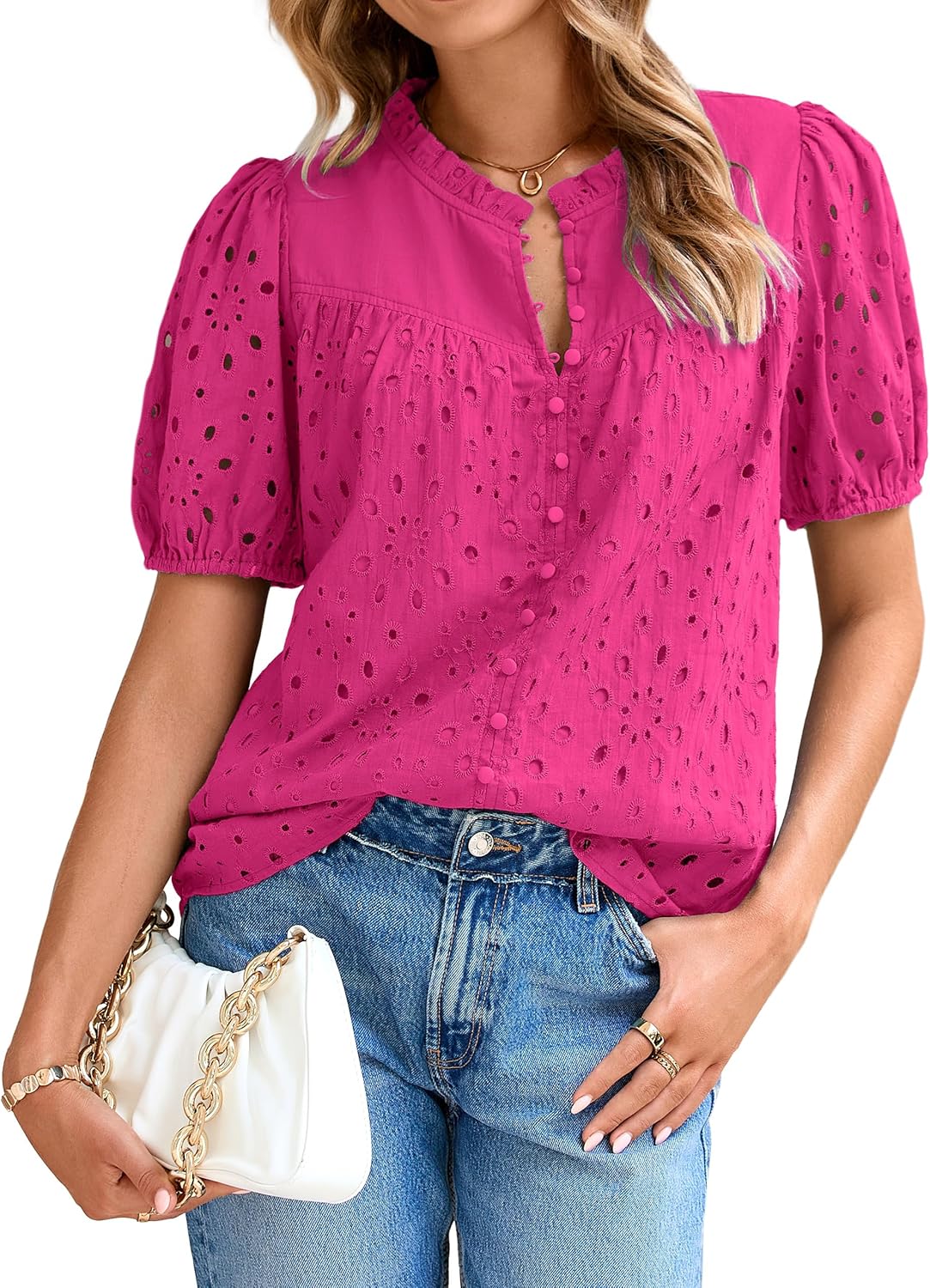 Glamaker Womens Summer Tops Blouse 2026 Casual Eyelet Embroidered Short Puff Sleeve Lace Hollow Out Button Dressy Shirts