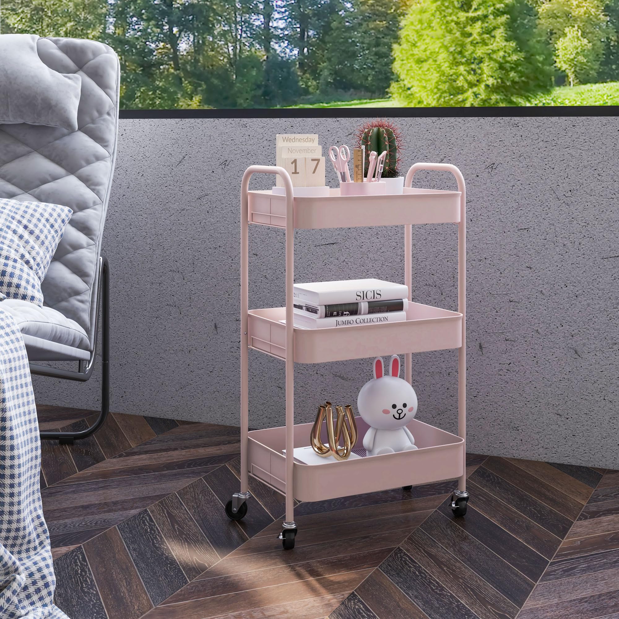 HOMCOM Carrello da Cucina a 3 Livelli con Maniglie e 4 Rotelle, Carrello Portaoggetti in Acciaio, per Ufficio, Soggiorno, Cucina, 45x30.6x79 cm, Rosa