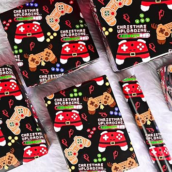 Dtiafu Gaming Christmas Wrapping Paper Roll for Boys Kids Funny Video Game and Christmas Uploading Words Design Xmas Gift Wrap for Holiday Winter Party Celebration - Total 28.5sq.ft