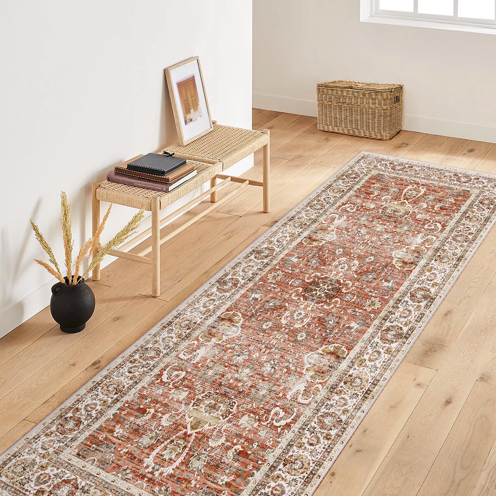 Deerly 3x7 Runner Rugs for Hallway Non-Slip Hallway Runner Rug with Rubber Backing Washable Rug Runner for Kitchen Bedroom Vintage Distressed Carpet (Brick Red)