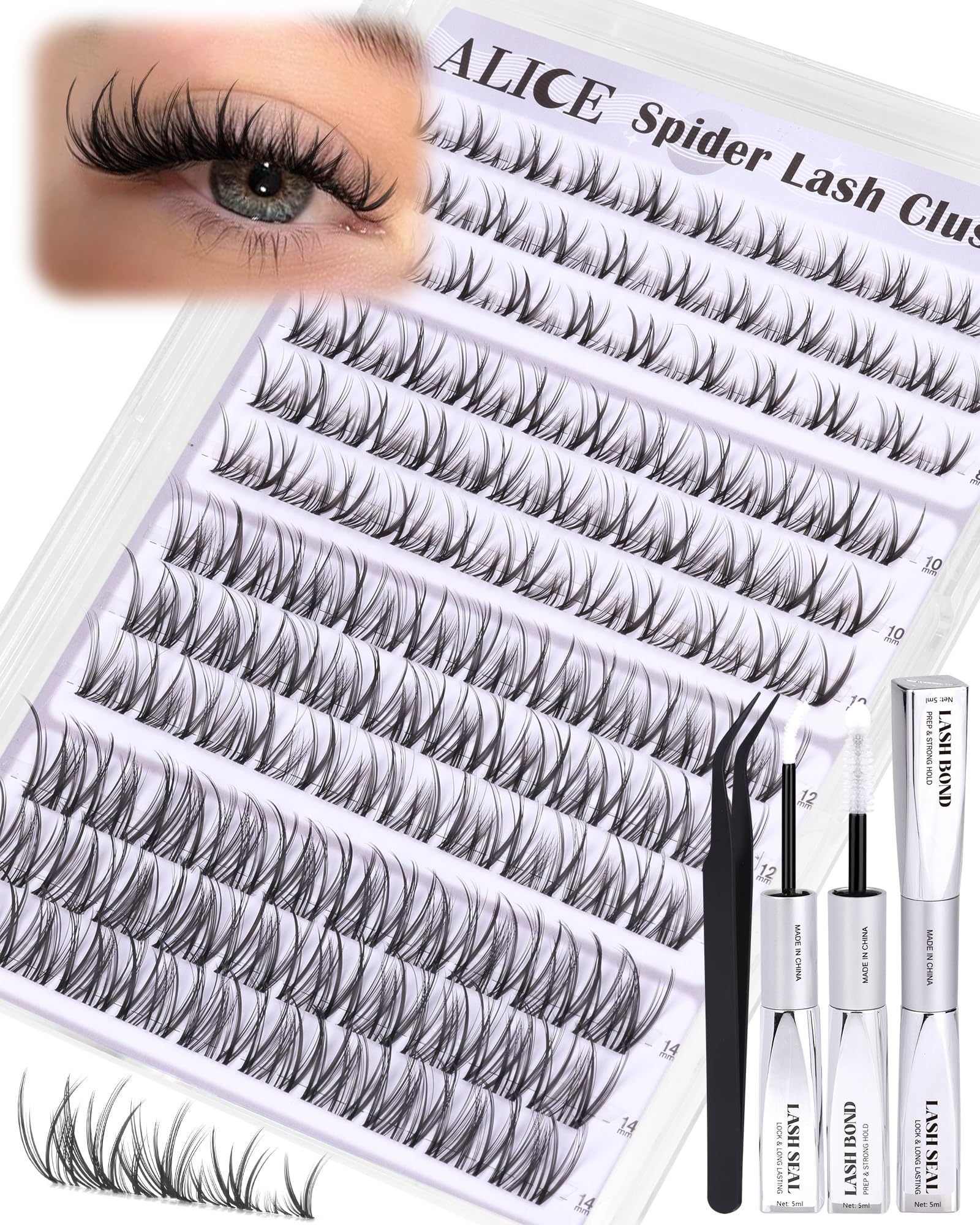 Photo 1 of Spider Lash Clusters Kit Wispy Eyelash Clusters Kit Natural Cluster Eyelash Extension Kit CC-Curly 8mm-14mm Invisible Band Individual Lashes with White Bond and Seal DIY at Home