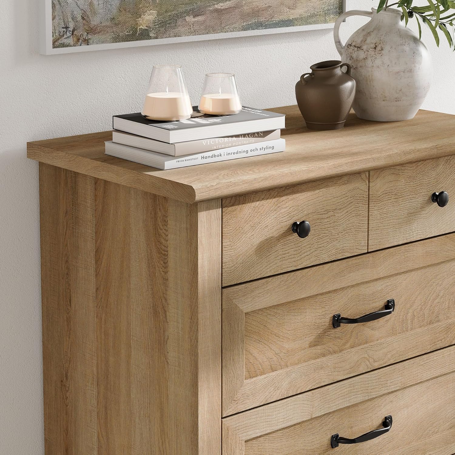 WAMPAT Oak Dresser for Bedroom with 5 Drawers, Tall Kids Dressers with Chest of Drawers, Farmhouse Light Wood Storage Organizer, Samll Dressers for Living Room, Nursery, Hallway