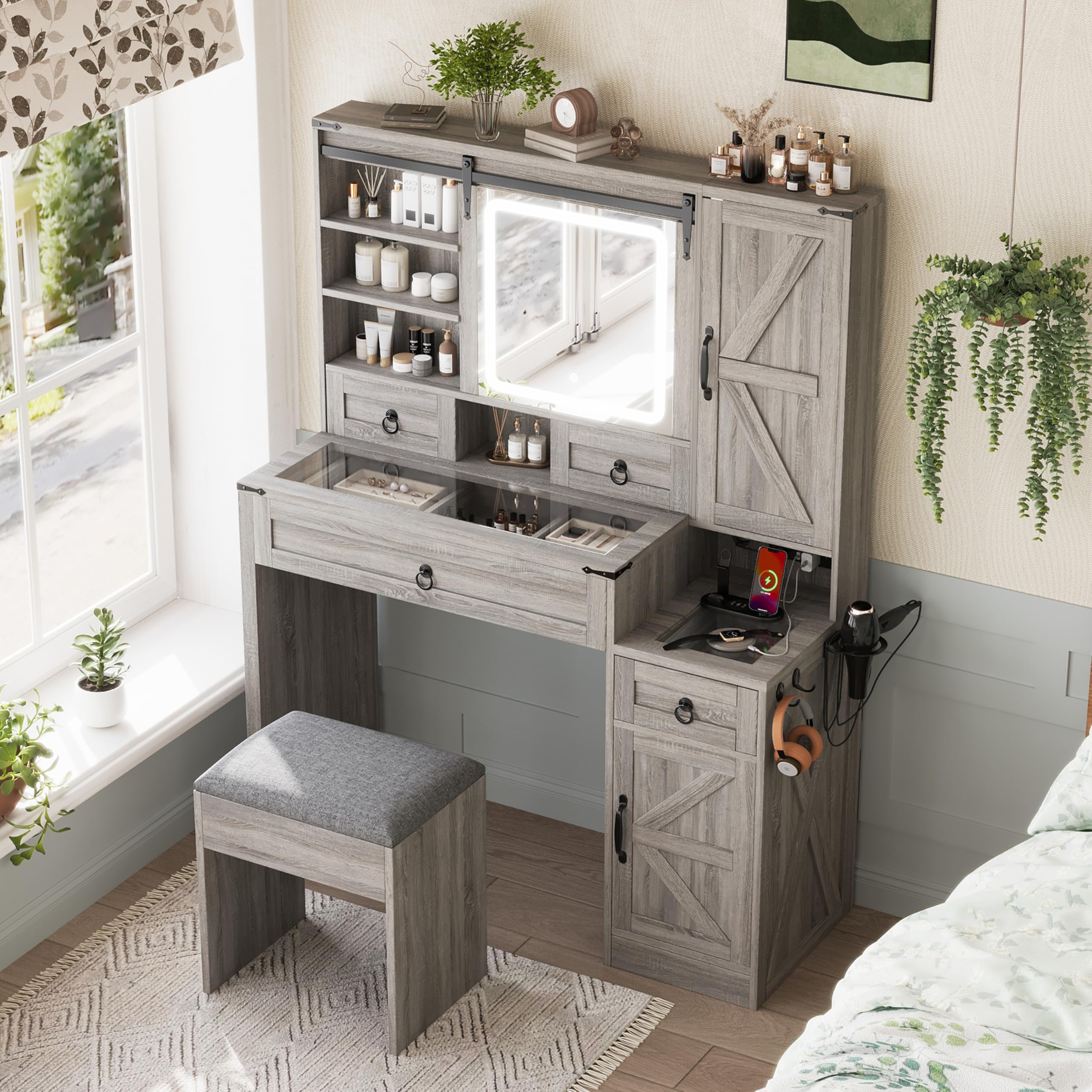 JIVOIT Farmhouse Vanity Desk with Sliding Mirror, Vanity Set with Stool, Dressing Table with 4 Drawers and 2 Cabinets, Glass Top, Side Hooks &amp; Cup Holder, Easy Assembly (Gray,37)