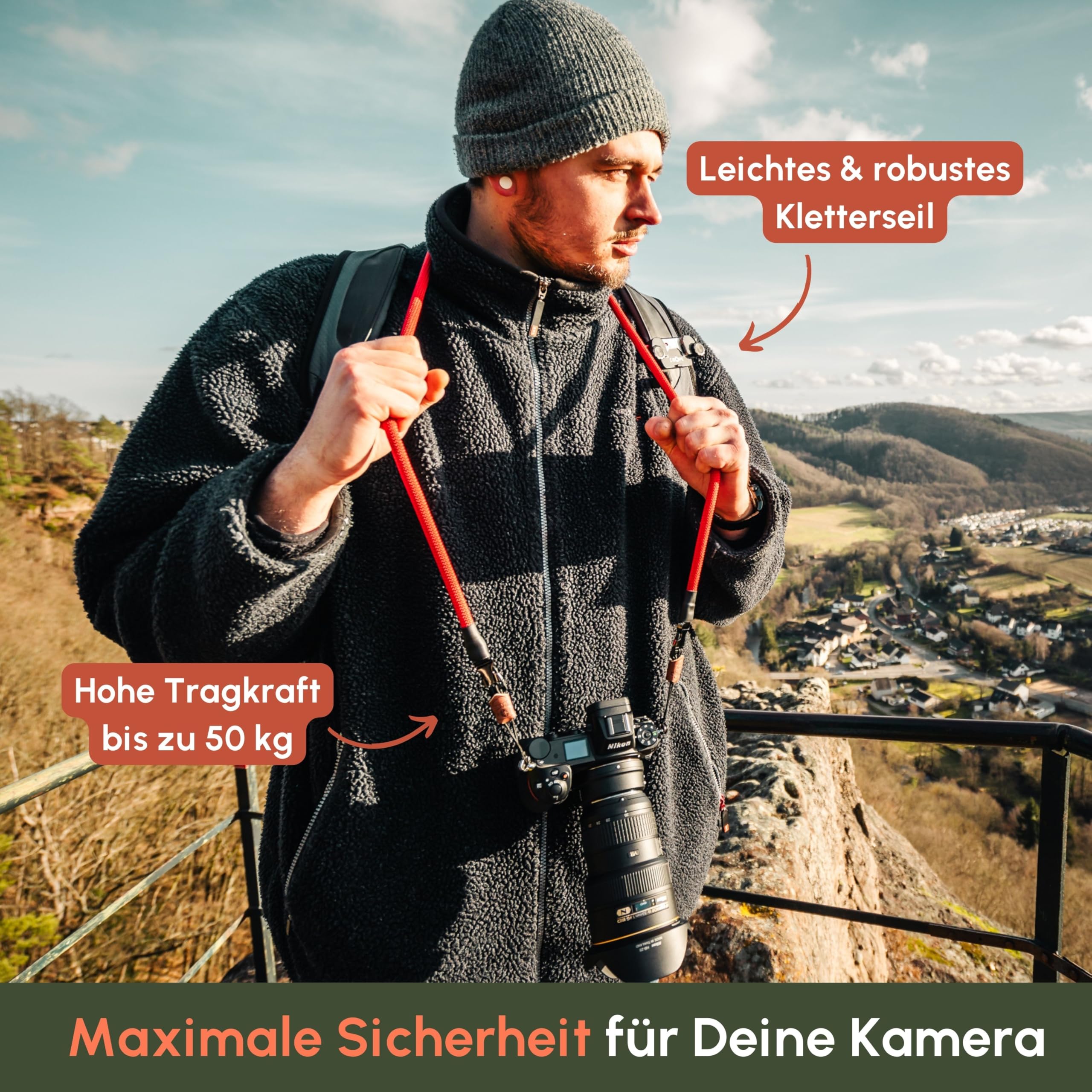 C-Rope Kameragurt Climber aus Kletterseil, Umhängegurt, Kamera-Gurt für alle Kameras aus Kletter-Seil (Military Olive, 125cm)