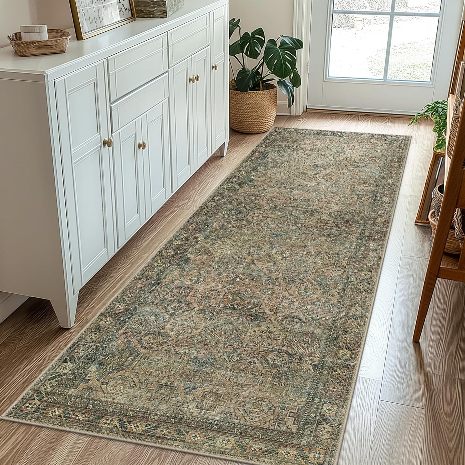 GENIMO Runner Rug 2x5, Non Slip Vintage Hallway Runner Rugs, Low Pile Lightweight Machine Washable Mat for Hallway, Entryway, Bedroom, Kitchen and Corridor, Blue Blush