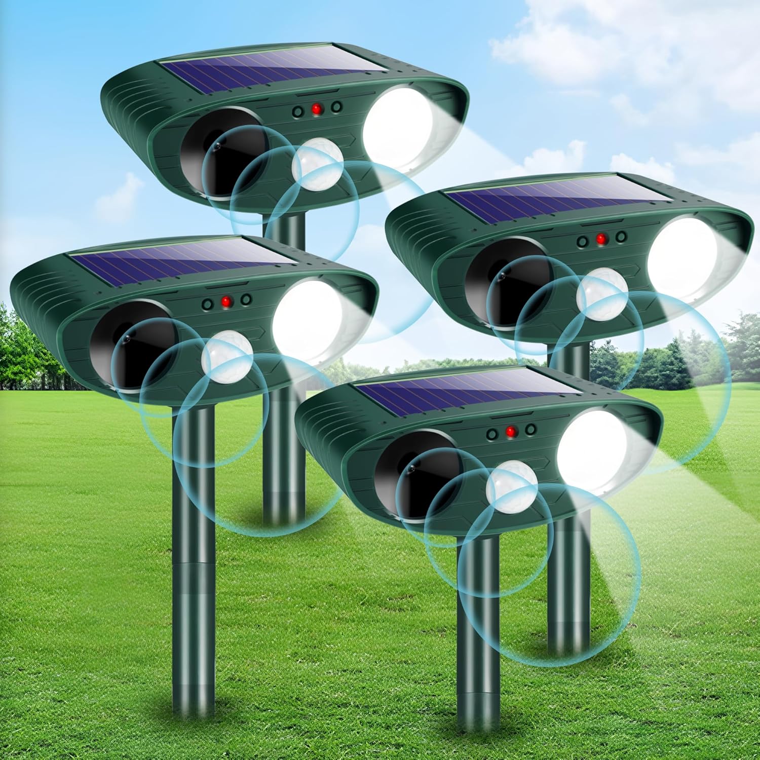 4 PCS Solar Animal Repellent Ultrasonic Animal Repeller Outdoor Deer Repellent with Motion Detection Cat Deterrent Rabbit Repellent Raccoon Dog Squirrel Skunk Repellent for Yard Garden Farm