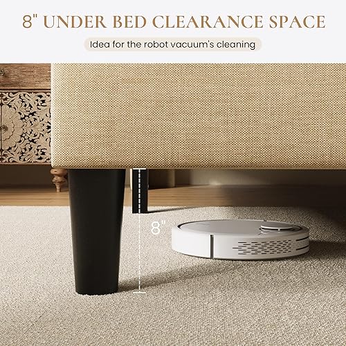 Miniatura 6 de SHA CERLIN Base de cama tamaño King con cabecera geométrica con respaldo de ala, cama de plataforma tapizada con espacio debajo de la cama de 8