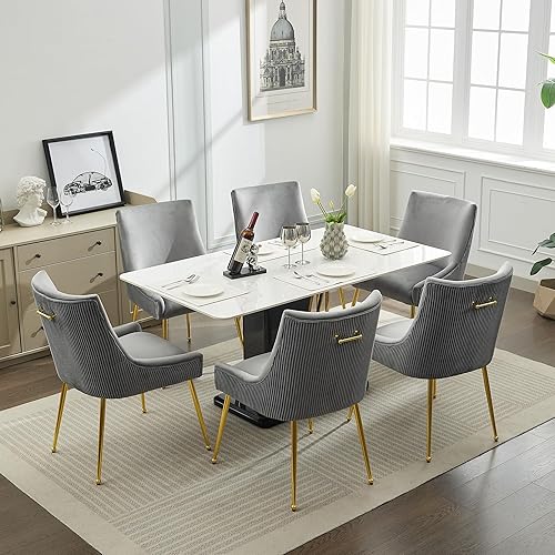 Miniatura 4 de Juego de 2 sillas de comedor de terciopelo, patas doradas, sillas decorativas tapizadas de terciopelo, diseño de respaldo plisado y asa dorada,