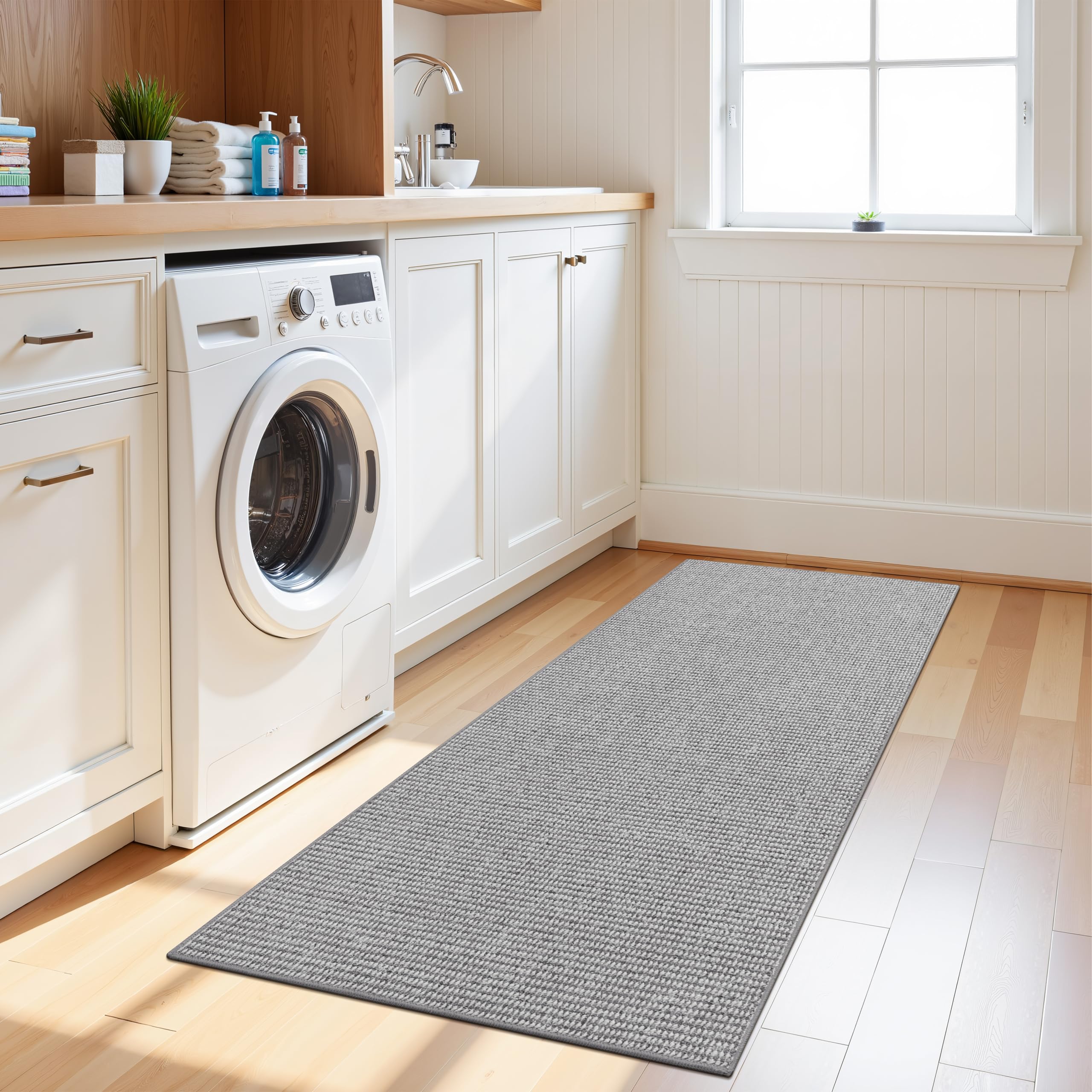 Enyhom Tappeto Corridoio Lungo 80 x 200cm, Assorbente Tappeto Cucina Antiscivolo Lavabile Passatoia Corridoio, Passatoia Cucina Tappeti Runner per Ingresso Lavanderia, Grigio + Bianco