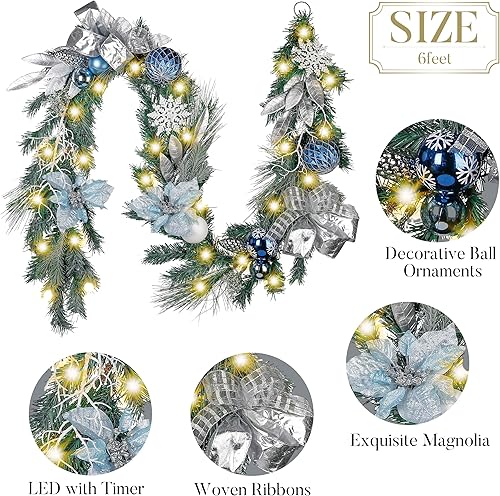 Miniatura 6 de Valery Madelyn Guirnalda de Navidad preiluminada de 1.8 m con luces para repisa de chimenea, guirnalda de Navidad iluminada para exteriores con