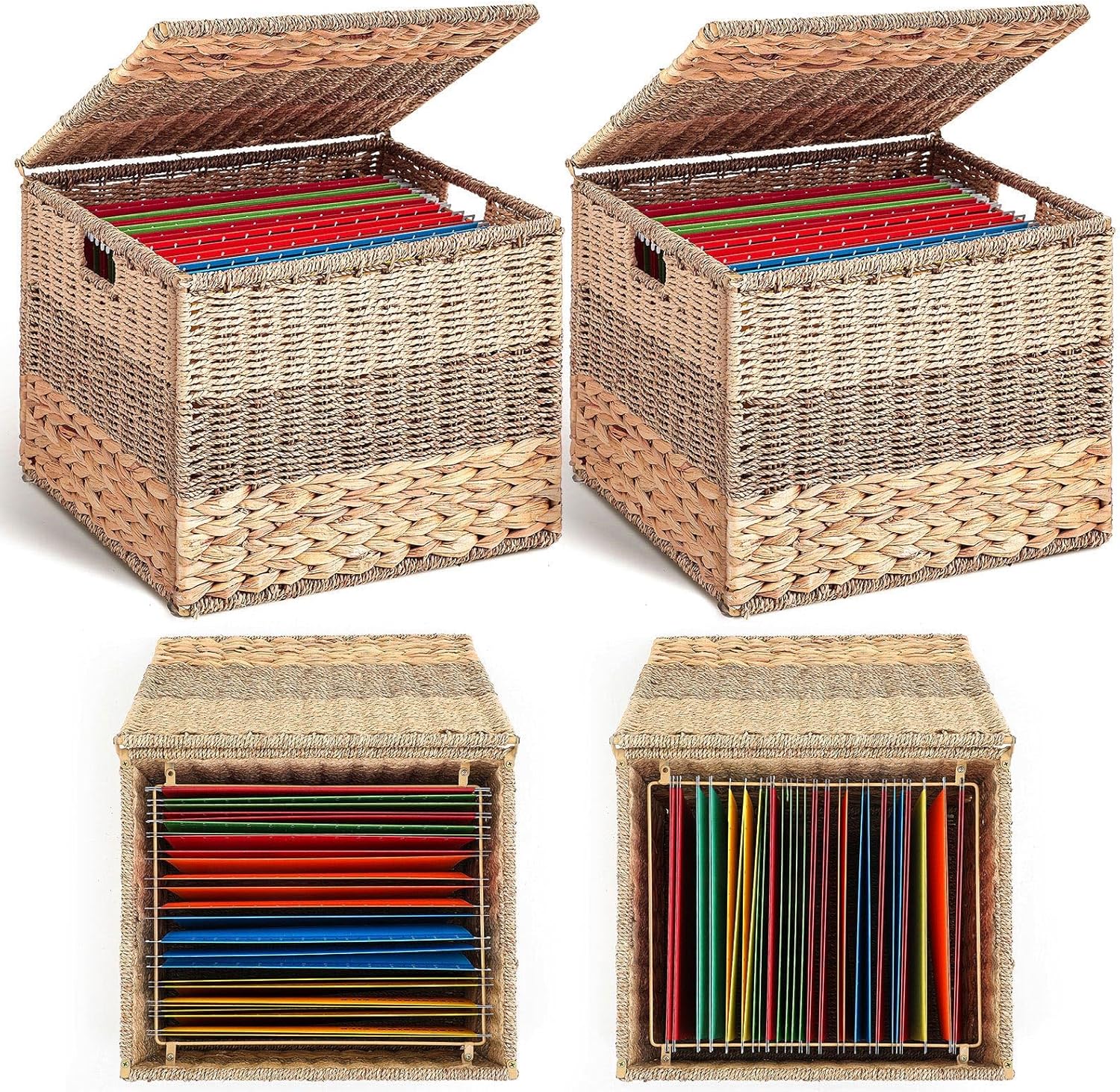 2pcs Large Decorative File Box 18 x 15 x 14 in Seagrass Hanging Organizer for Letter & Legal Size File Basket Hand Woven Filing Cabinet with Lid Collapsible Box for Home Office Decor, Water Hyacinth
