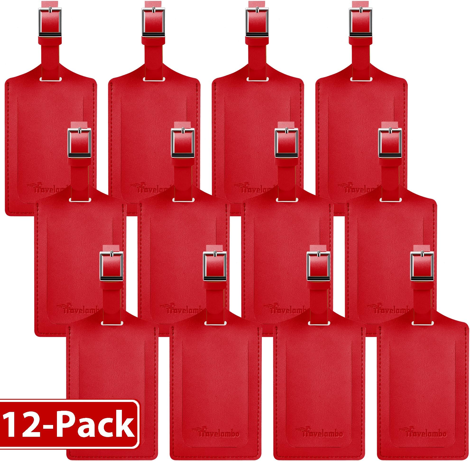 Travelambo 12 Pack Luggage Tags for Suitcases Privacy Protection Bag Tags Faux Leather Travel Accessories Essential, Deep Red