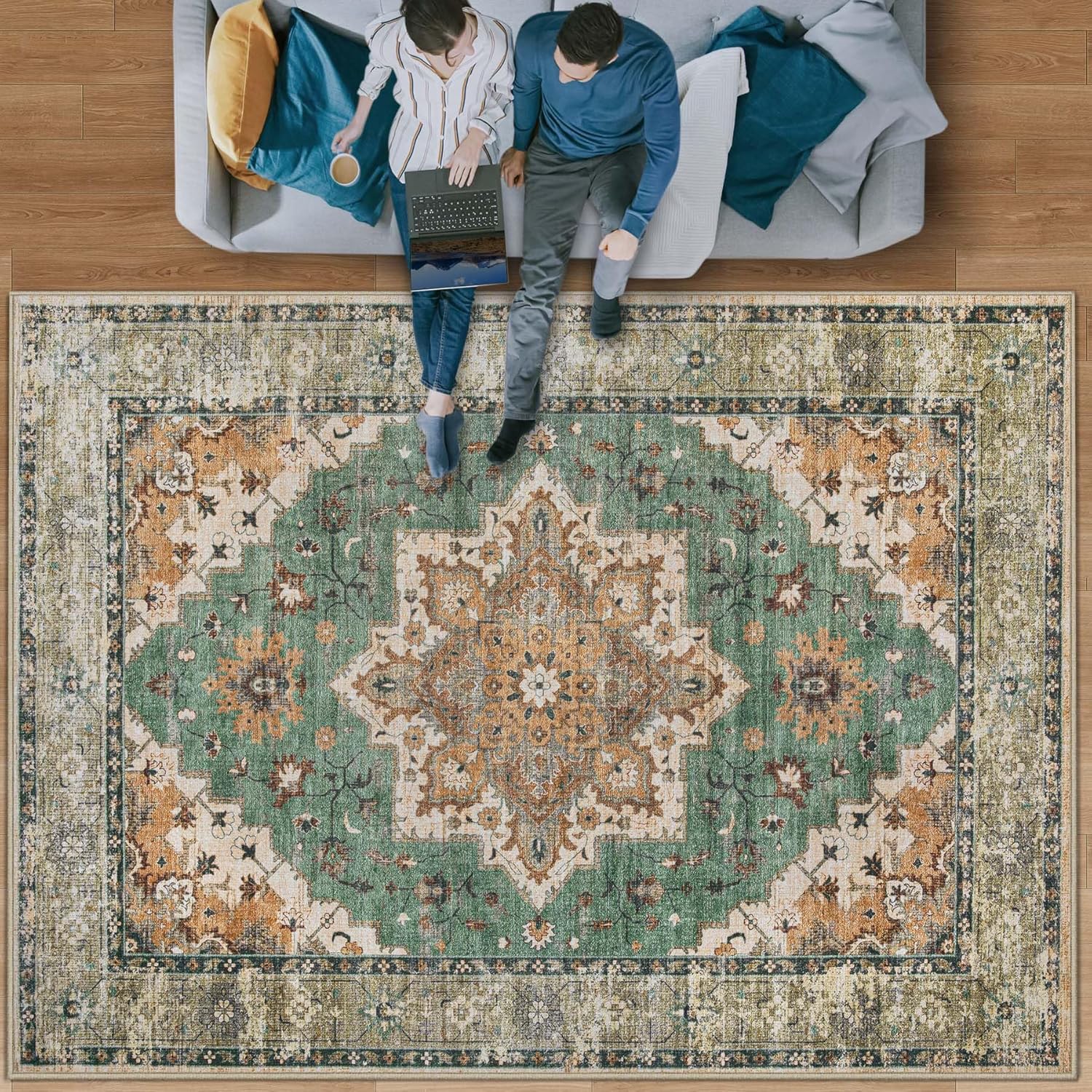 Area Rug 8x10 Vintage Rug: Large Washable Indoor Medallion Rugs Low Pile Distressed Floor Carpet Retro Accent Rug for Living Room Bedroom Kitchen Dining Table Home Office(Brown Green, 8'x10')