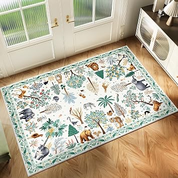 2x3 Entryway Rug NurseryJungle Animal Print Rug Entrance Welcome Mat, Non-Slip Washable Indoor Mat for Kitchen, Front Door, Indoor, Outdoor, Entry, Beige